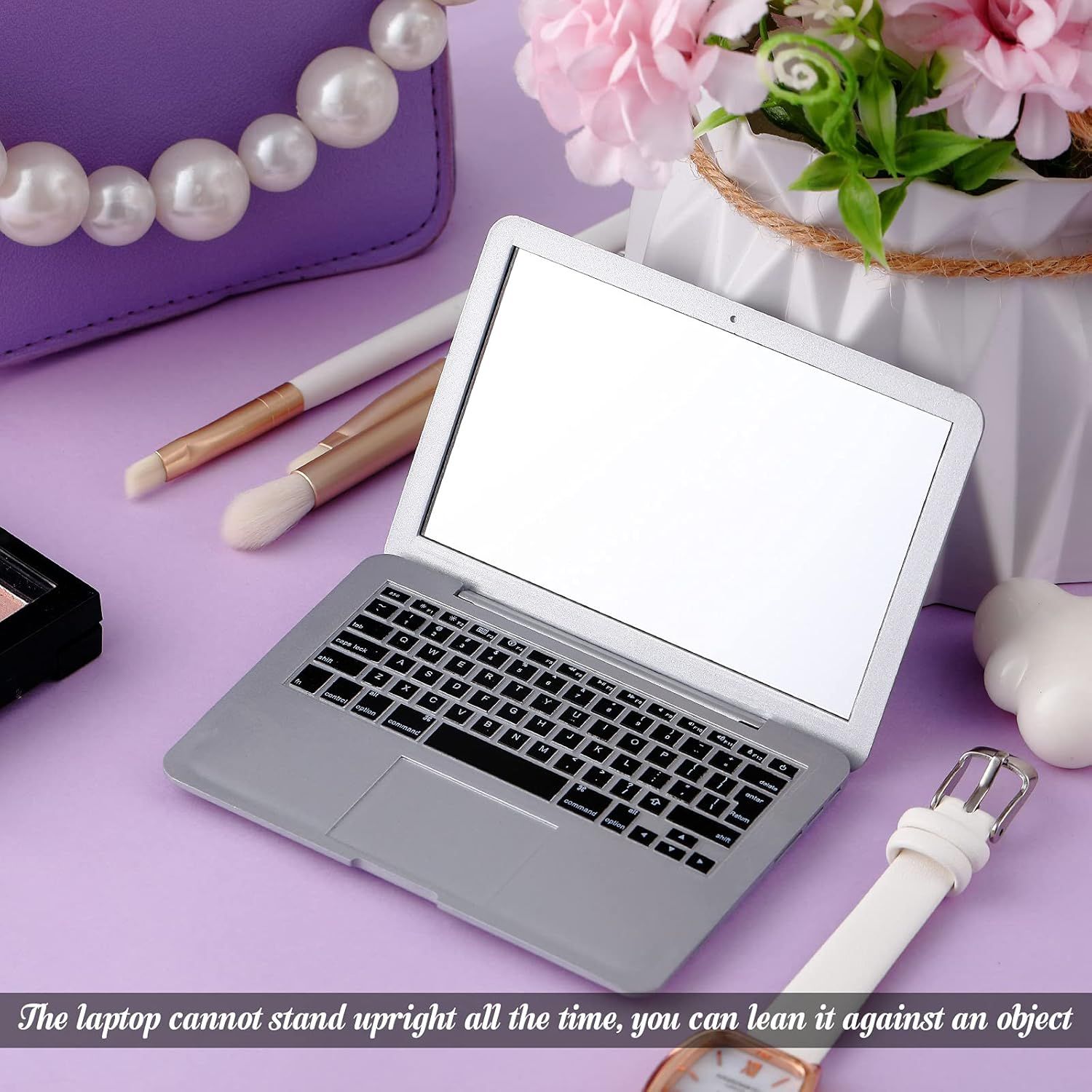 Mini Cat Laptop Toy Pocket Mirror Cat Laptop 3.7 x 2.5 Inch Tiny ake Computer Compact Mirror or Dollhouse Pet Travel Makeup Decoration(Silver) - Image 6