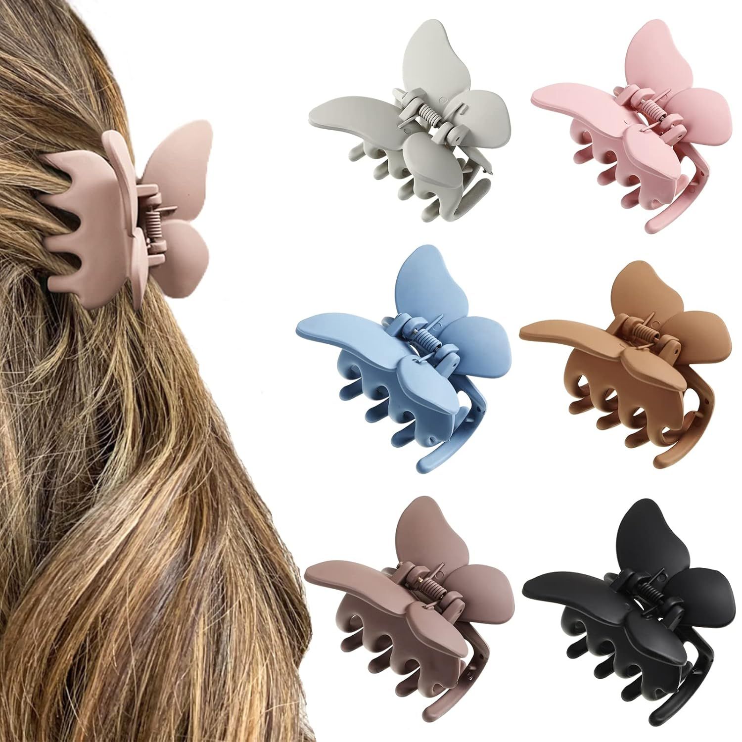 6PCS Hair Clip, 2 Inch Butterly Claw Clips or Women Girls Small Nonslip Butterly Jaw Clips or Thick Hair and Strong Hold, Pack o 6, Solid color(blue+black+white+brown+an+coee) - Image 1
