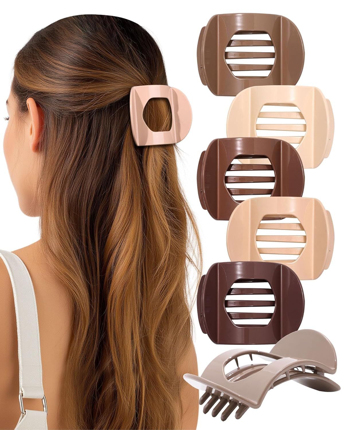 6Pcs lat Hair Clips or Women Strong Grip Curved Claw Clip or Thin Hair Non-slip Plastic Hair Barrettes ((Light Brown+Dark Brown+Light Brown+Dark Brown+O-White+Chestnut)) - Image 1