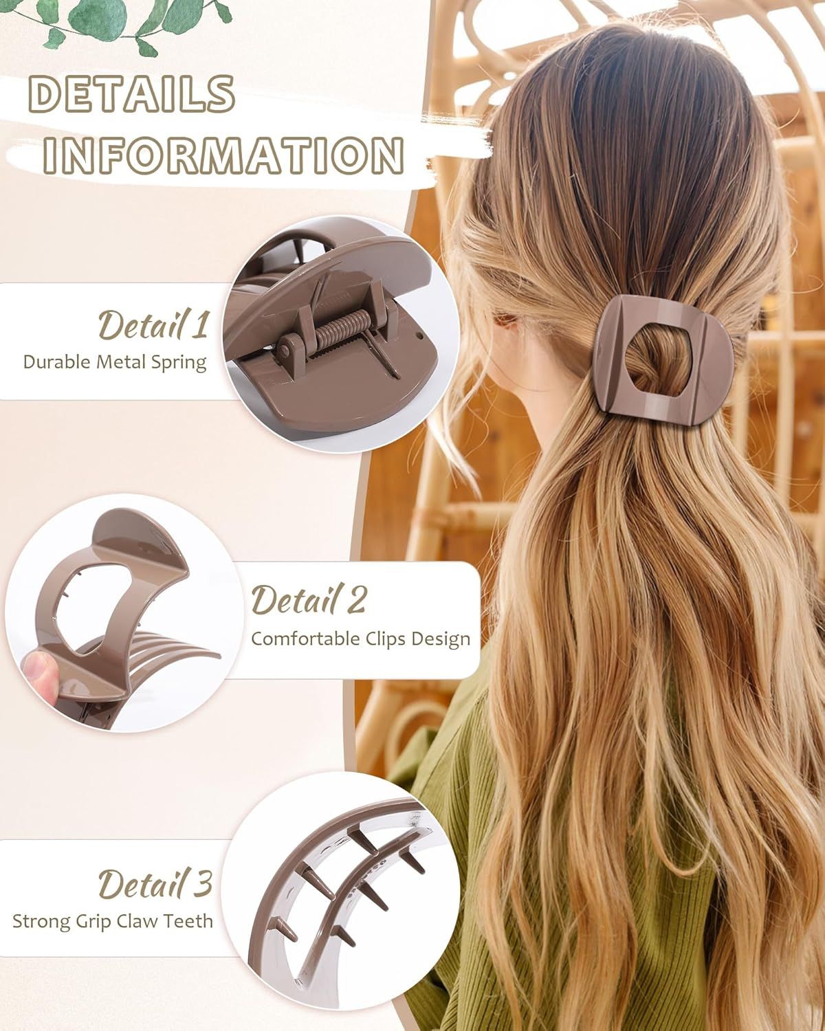 6Pcs lat Hair Clips or Women Strong Grip Curved Claw Clip or Thin Hair Non-slip Plastic Hair Barrettes ((Light Brown+Dark Brown+Light Brown+Dark Brown+O-White+Chestnut)) - Image 3