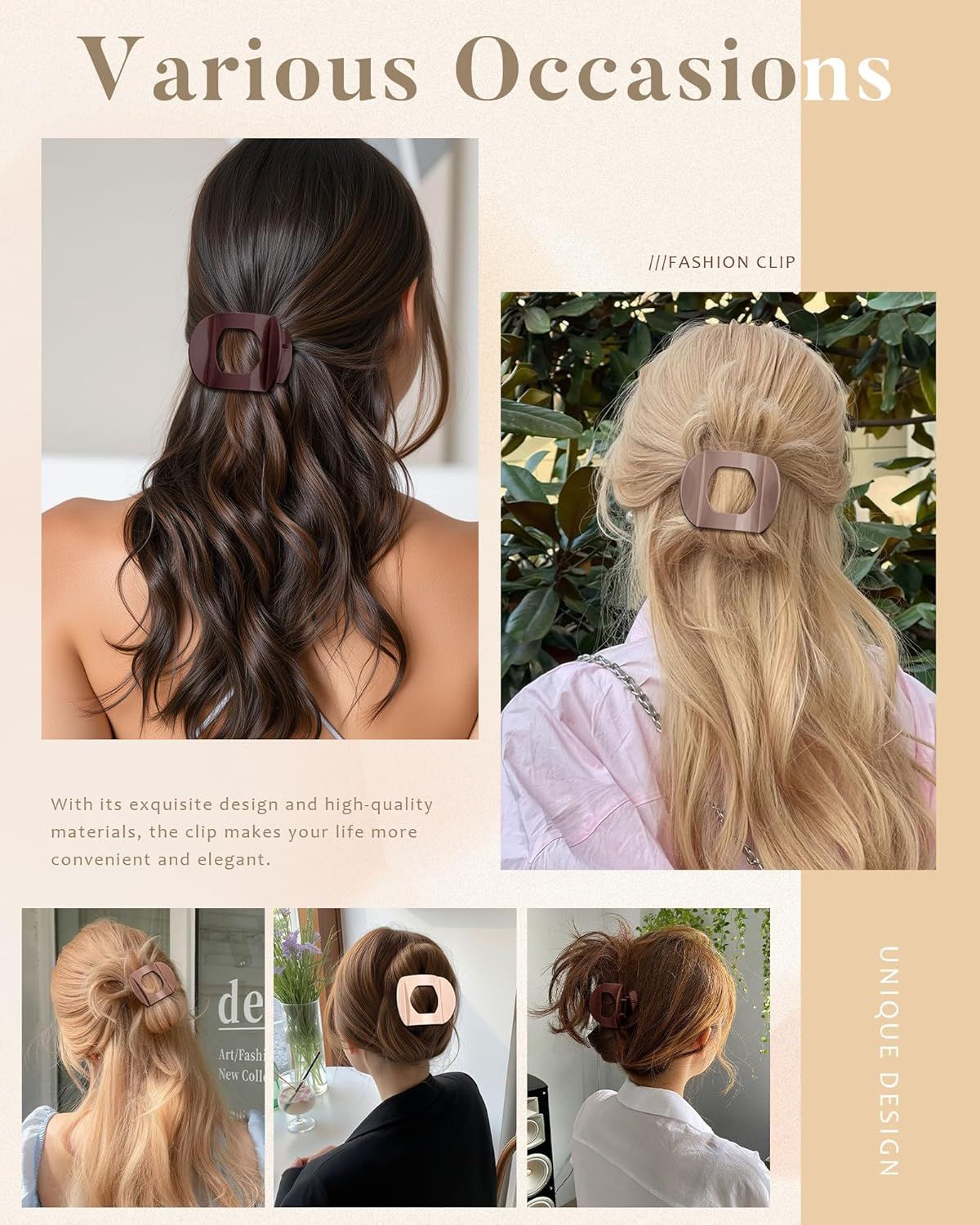 6Pcs lat Hair Clips or Women Strong Grip Curved Claw Clip or Thin Hair Non-slip Plastic Hair Barrettes ((Light Brown+Dark Brown+Light Brown+Dark Brown+O-White+Chestnut)) - Image 4