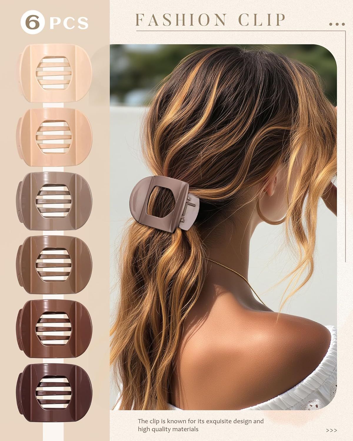 6Pcs lat Hair Clips or Women Strong Grip Curved Claw Clip or Thin Hair Non-slip Plastic Hair Barrettes ((Light Brown+Dark Brown+Light Brown+Dark Brown+O-White+Chestnut)) - Image 6