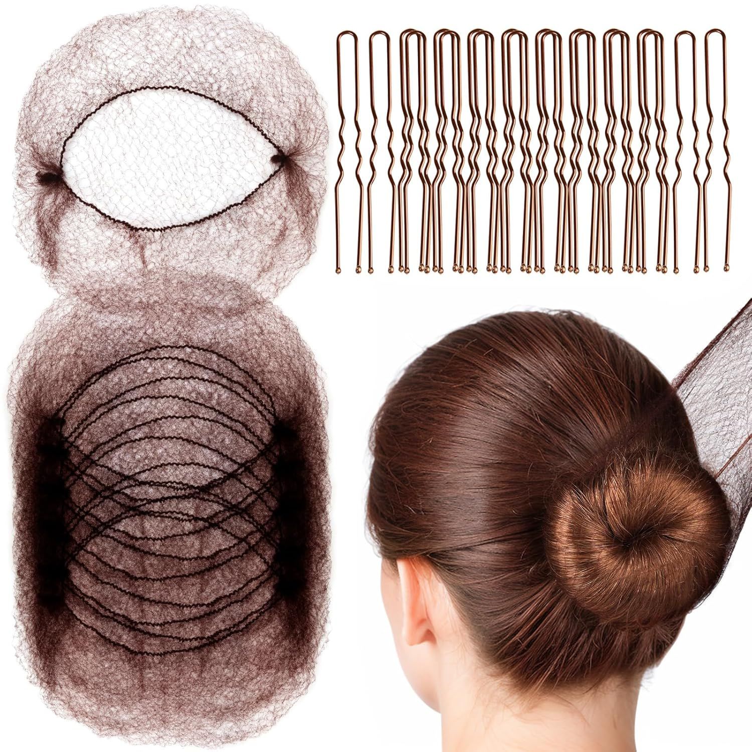 Hair Accessories Set: 20PCS Mesh Hair Nets Invisible and 40PCS U Shaped Hair Pins or Women, Girls, Ballet Bun Maker & Dance (Hair Nets- 20 inch(50cm), Hair Pins- 2.4 inch(6cm)), Brown - Image 1