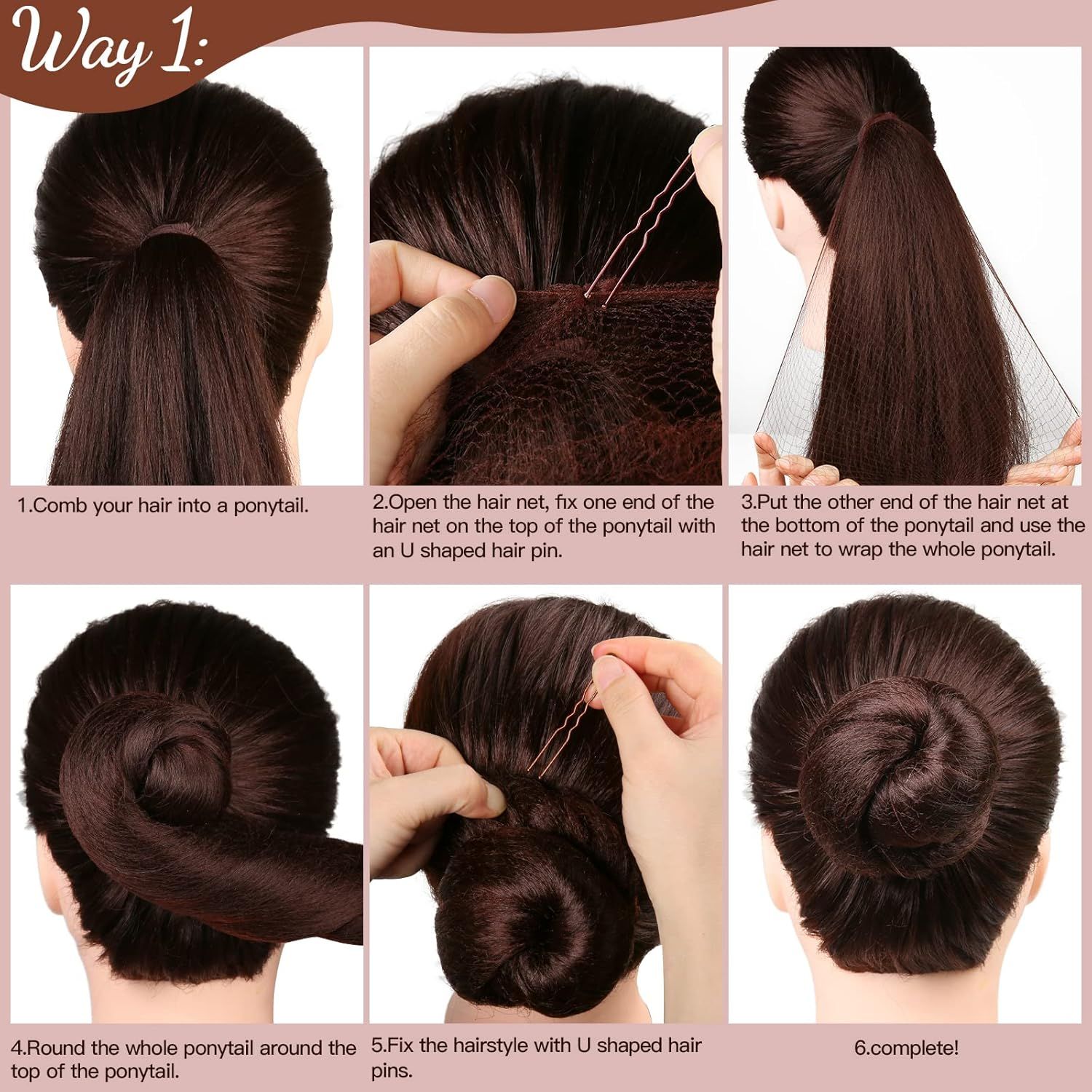 Hair Accessories Set: 20PCS Mesh Hair Nets Invisible and 40PCS U Shaped Hair Pins or Women, Girls, Ballet Bun Maker & Dance (Hair Nets- 20 inch(50cm), Hair Pins- 2.4 inch(6cm)), Brown - Image 5