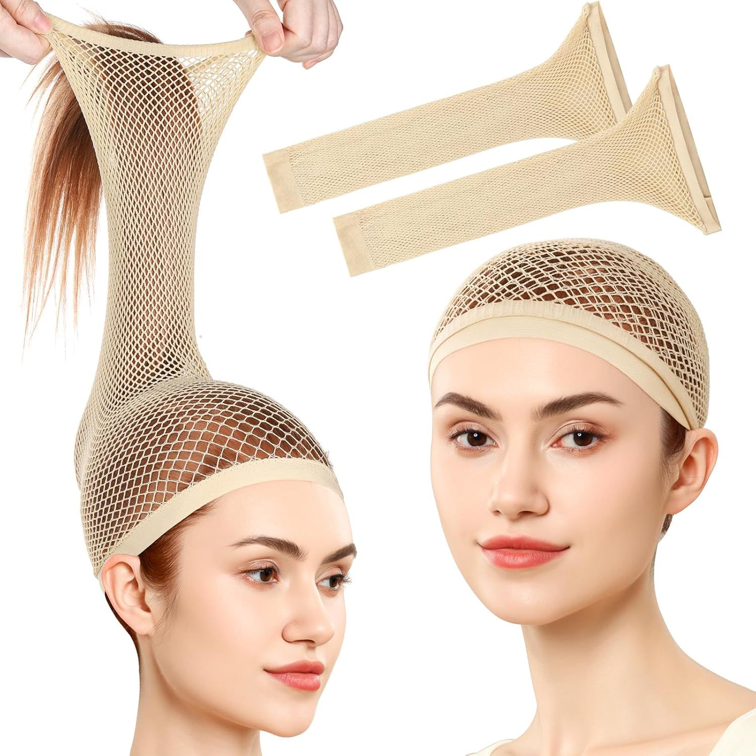 Wig Cap, Hair Net or Wigs, 30 CM Large Mesh Wig Cap or Long Hair or Women, Nylon Hair Net Non Slip or Halloween Rave Party Cosplay-Light Brown 2 PCS - Image 1