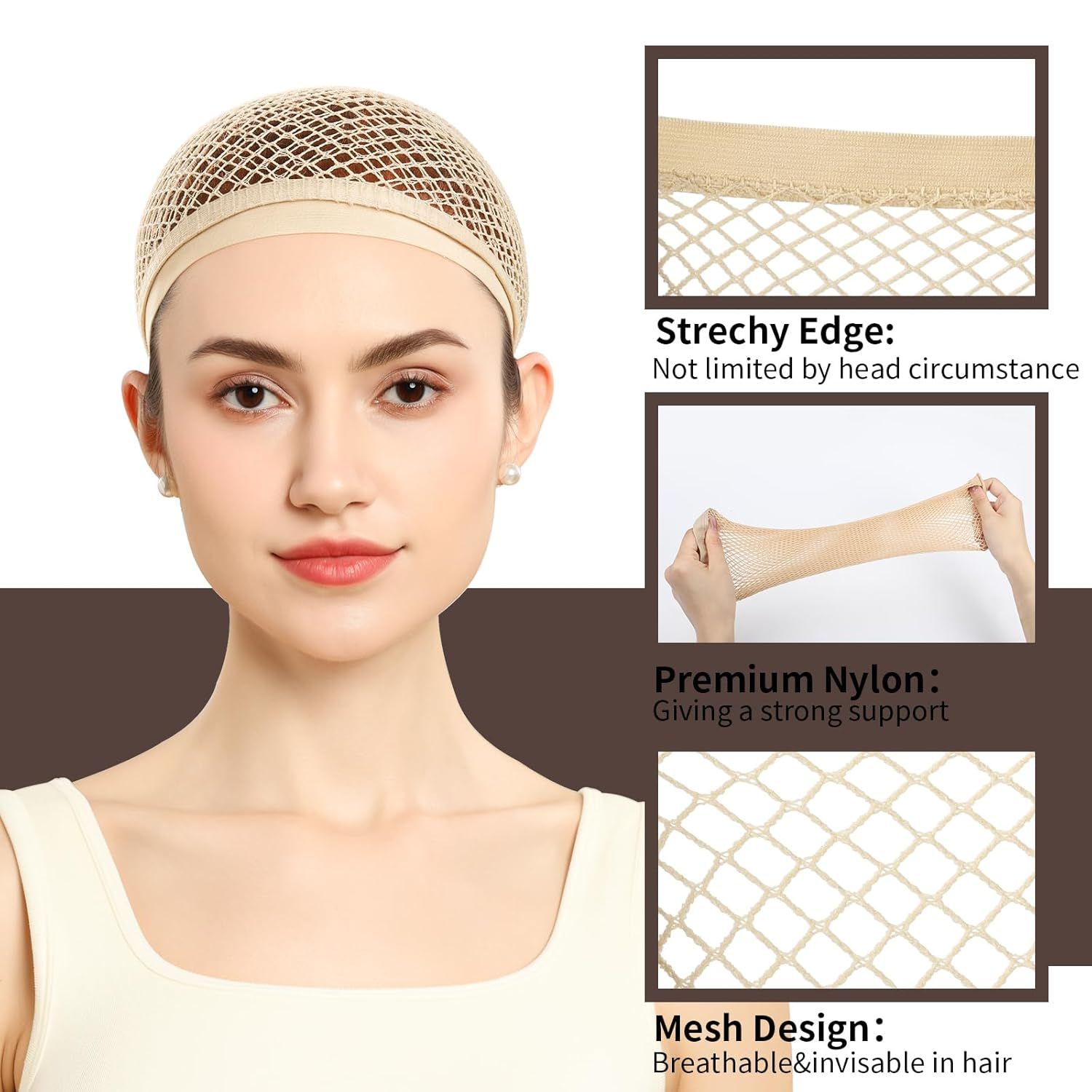 Wig Cap, Hair Net or Wigs, 30 CM Large Mesh Wig Cap or Long Hair or Women, Nylon Hair Net Non Slip or Halloween Rave Party Cosplay-Light Brown 2 PCS - Image 2