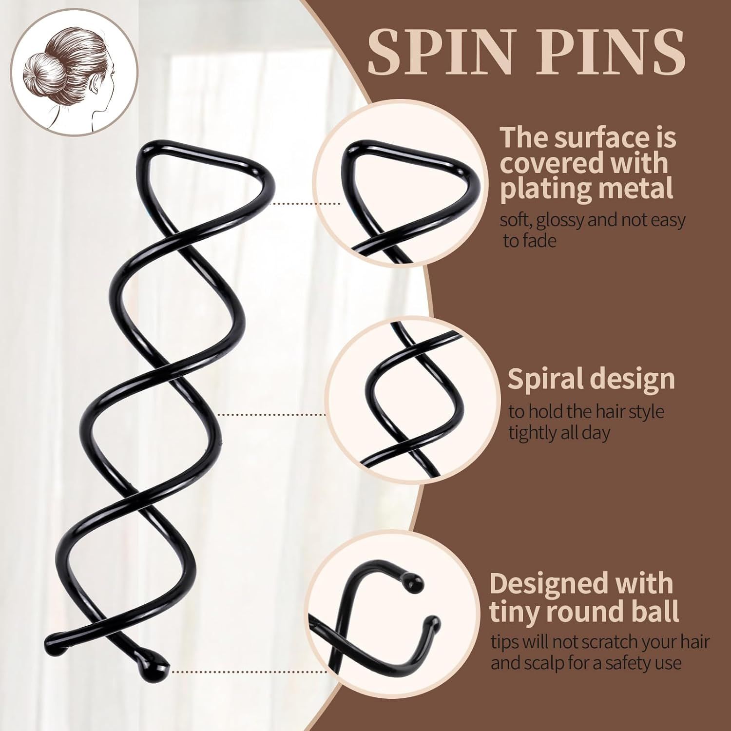 20PCS Spiral Hair Pins, Spin Pins Spiral Bobby Pins or Girls, Women and Kids, Non-Scratch Round Clip & Bun Twist, Stylish Bun Bobby Pins, Premium Spin Pins or Hair, Black - Image 3
