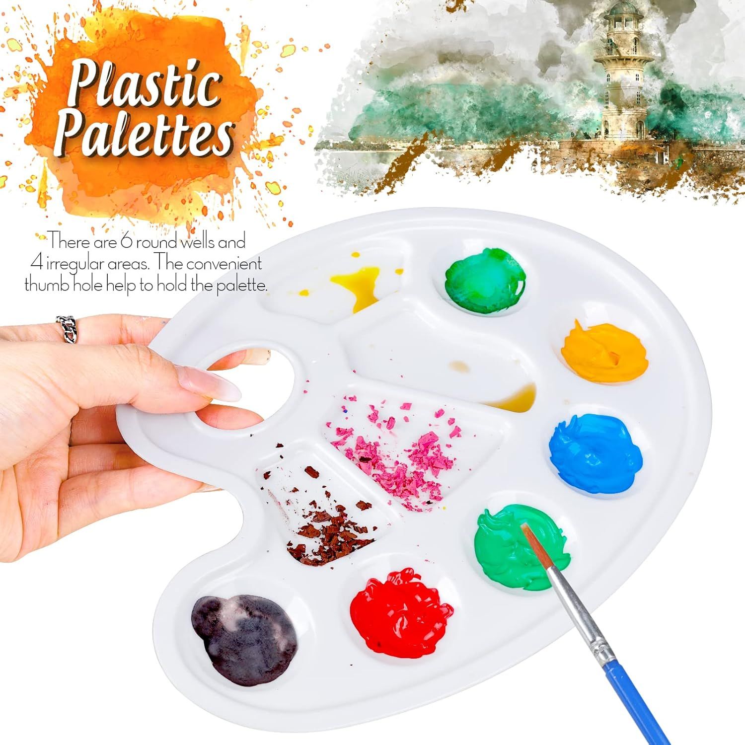 Oval Paint Palette Tray, Plastic Paint Tray Palette, Painting Palette, Paint Tray Palettes Paint Pallets with Thumb Hole or Adults & Kids, or Painting or DIY Crat Class, White, 2 PCS - Image 4