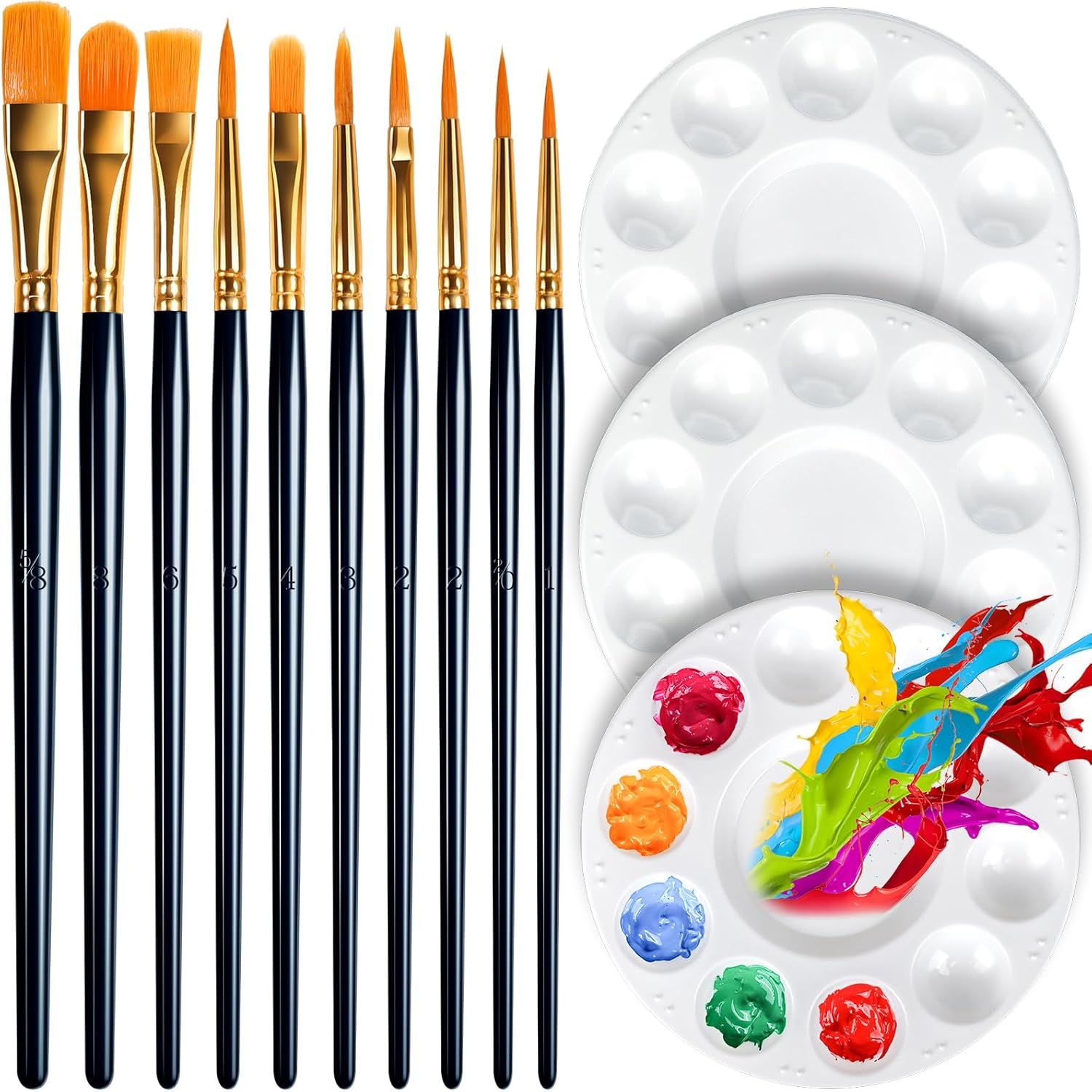 Round Paint Tray Palettes and Paint Brushes Set, Paintbrushes, 3 PCS Plastic Paint Palettes Pallets, 10 PCS Acrylic Paint Brushes, Nylon Hair Painting Brushes, or Acrylic Oil Watercolor - Image 1