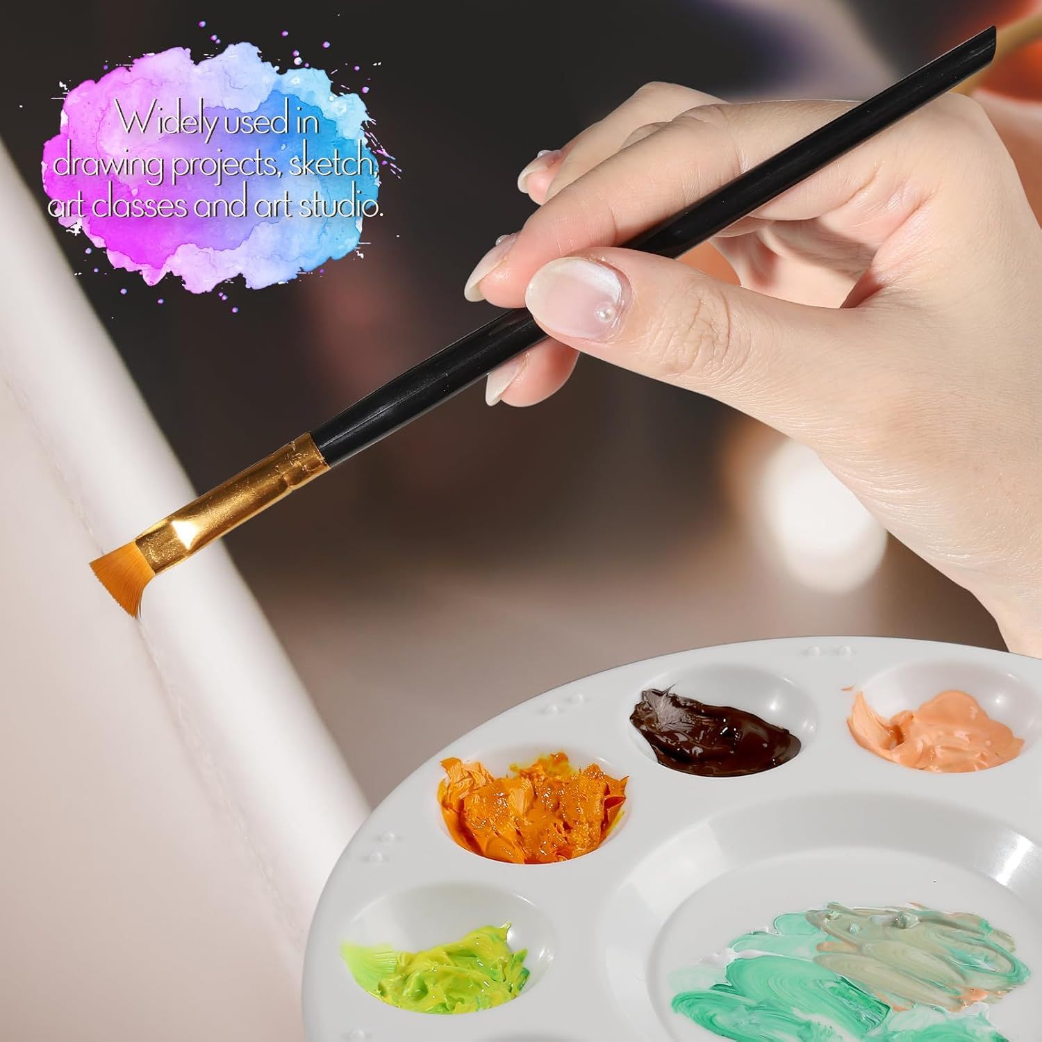 Round Paint Tray Palettes and Paint Brushes Set, Paintbrushes, 3 PCS Plastic Paint Palettes Pallets, 10 PCS Acrylic Paint Brushes, Nylon Hair Painting Brushes, or Acrylic Oil Watercolor - Image 2