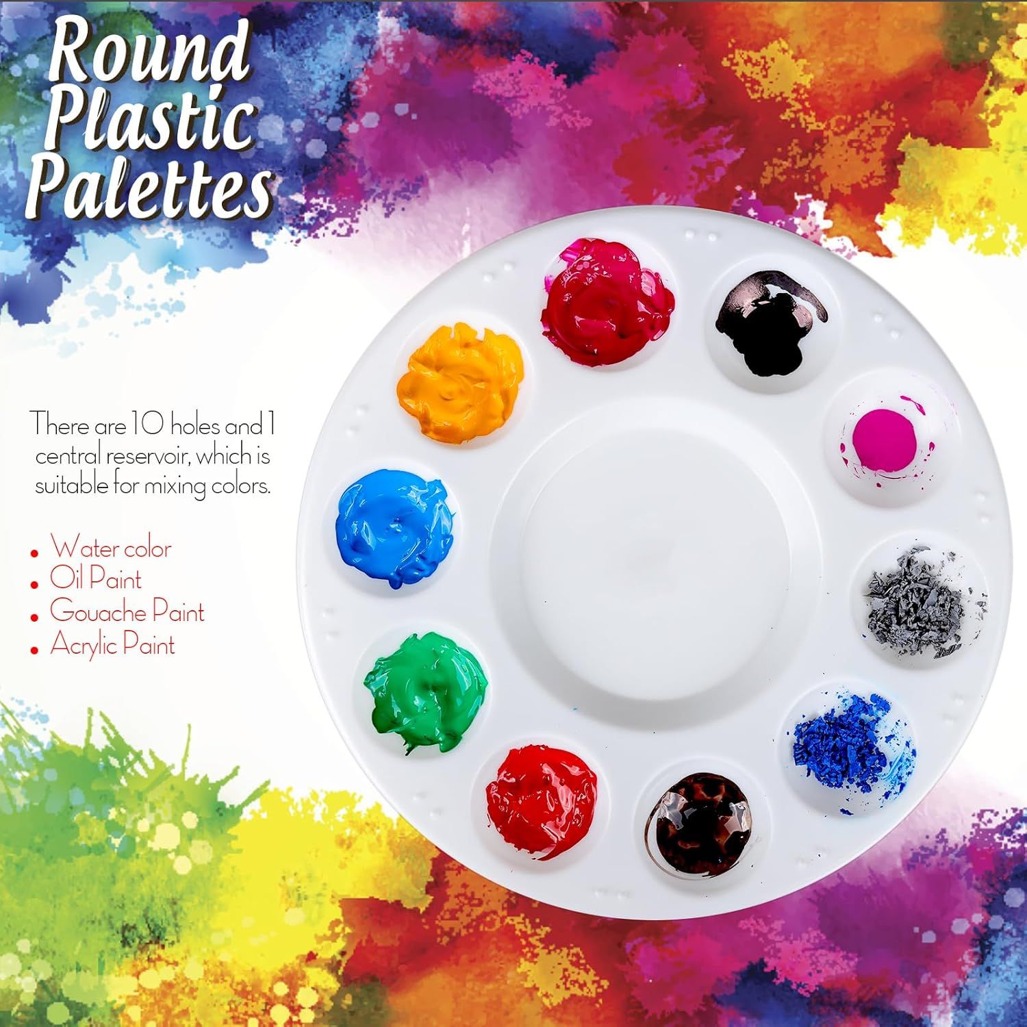 Round Paint Tray Palettes and Paint Brushes Set, Paintbrushes, 3 PCS Plastic Paint Palettes Pallets, 10 PCS Acrylic Paint Brushes, Nylon Hair Painting Brushes, or Acrylic Oil Watercolor - Image 5