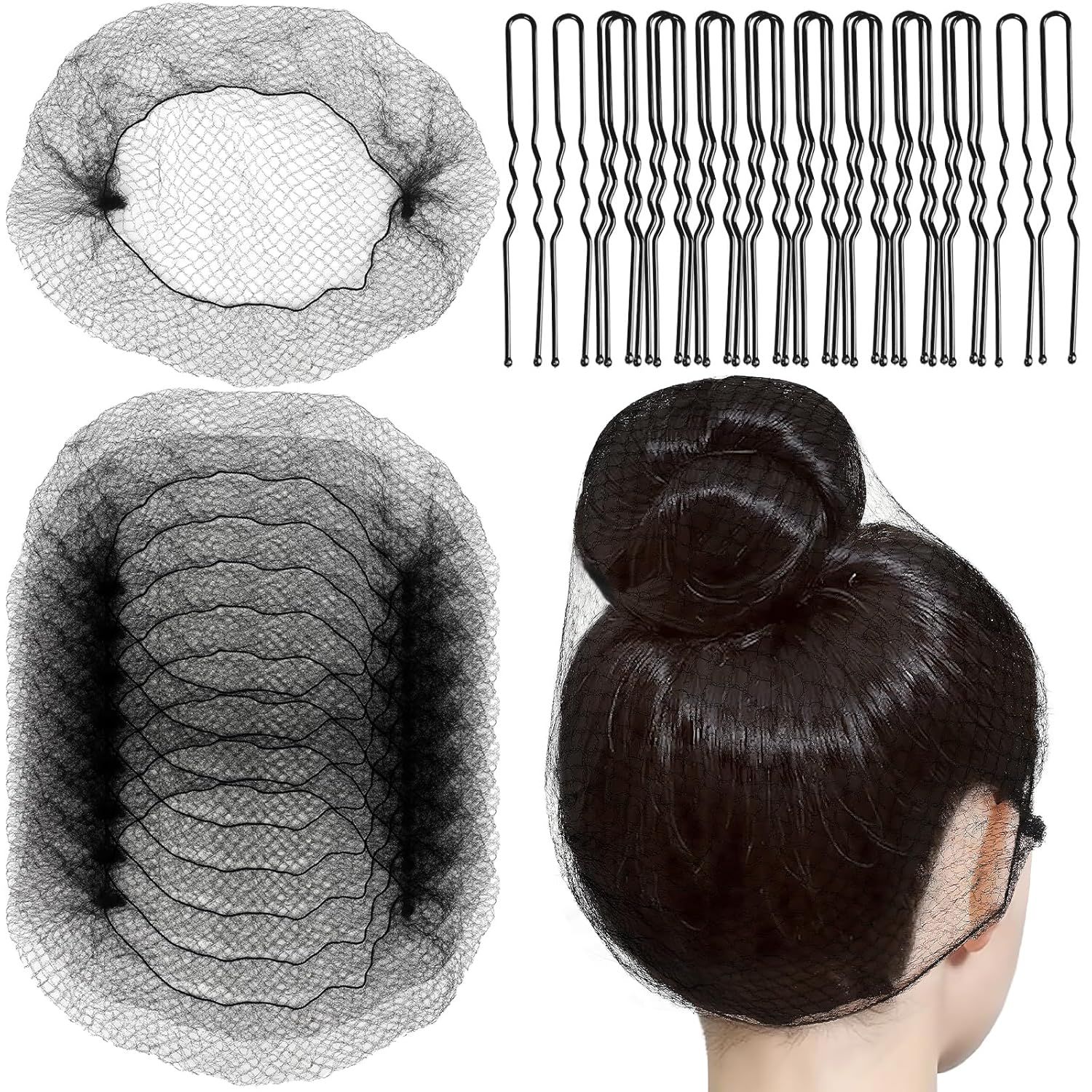Hair Net or Women Men, Extra Large 60cm Nylon Black Hair Nets or ood Service Workers, 20 Pack Hairnets or oodservice,Dancing,Sleeping, or Ballet Buns, with 20 U-Hair Pins - Image 1