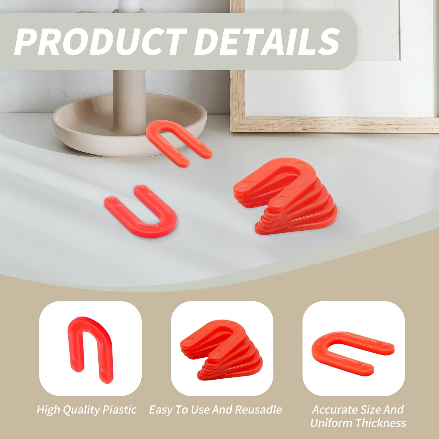 Biaungdo 50 Pcs Horseshoe Shim Tile Spacers, 1/8 Inch U Shape Tile Spacers Plastic Shims Structural Shims for Leveling, Red - Image 3