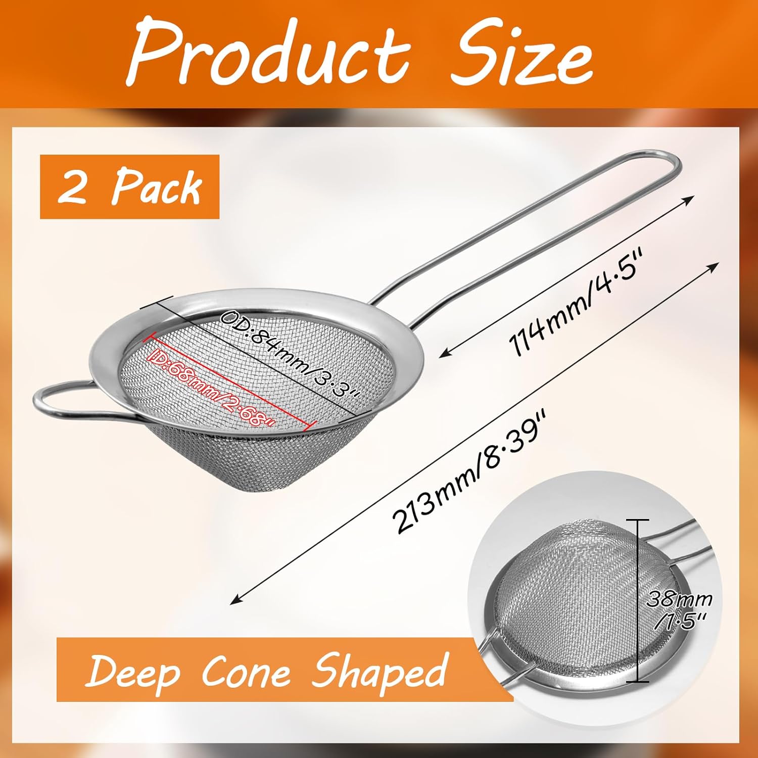 Biaungdo 2 Pcs 8.5 cm/3.3 Inch Fine Mesh Strainer, Stainless Steel Tea Strainer Conical Mesh Strainers Sieve for Cocktail, Coffee, Food, Noodles, Tea Filter(Small) - Image 2