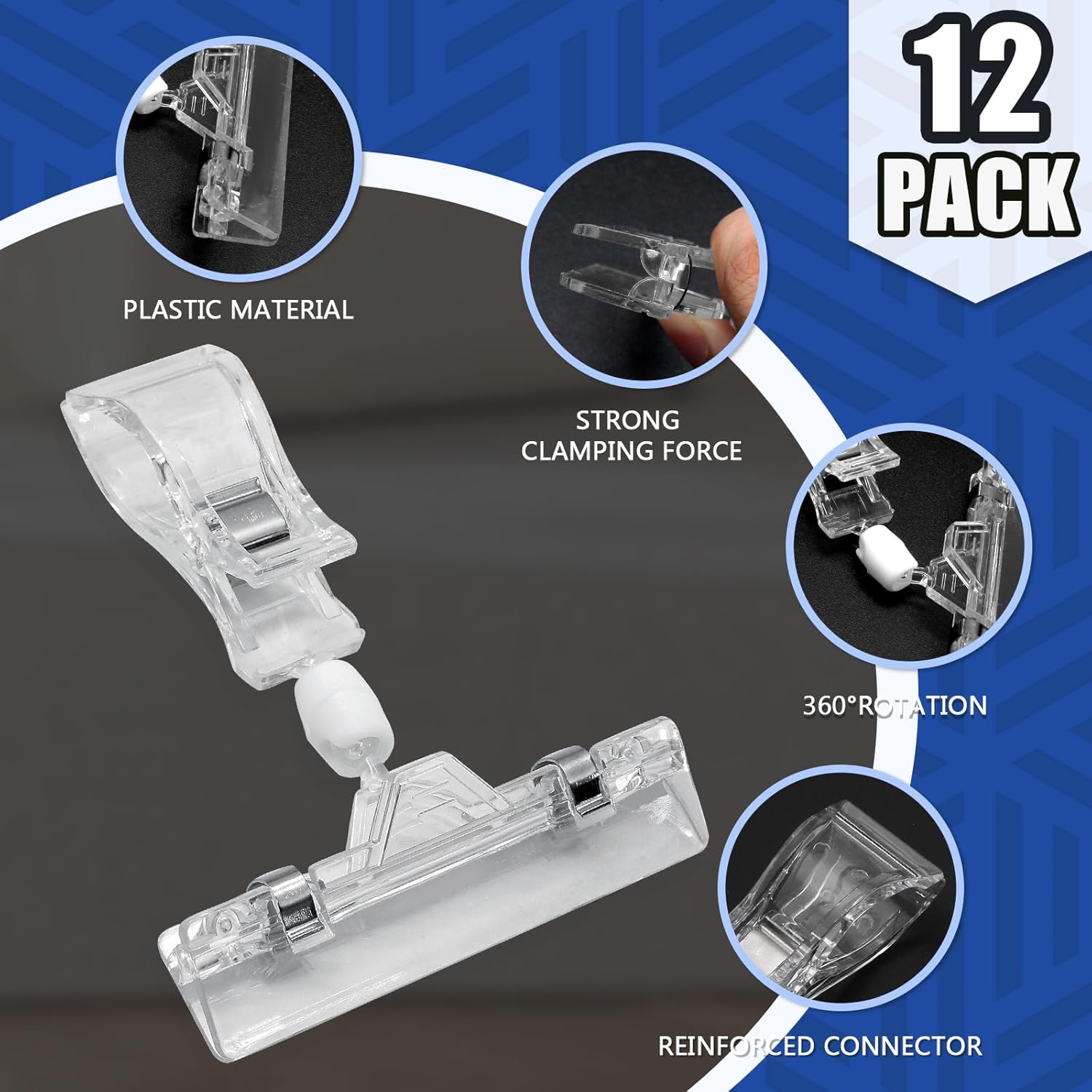 Biaungdo 12 Pcs Rotating Clip Swivel Sign Rotatable Holding Clamp, Clear Rotating Sign Clip Price Display Holder Clips for Shelves, Store, Business, Exhibition, Supermarkets - Image 6