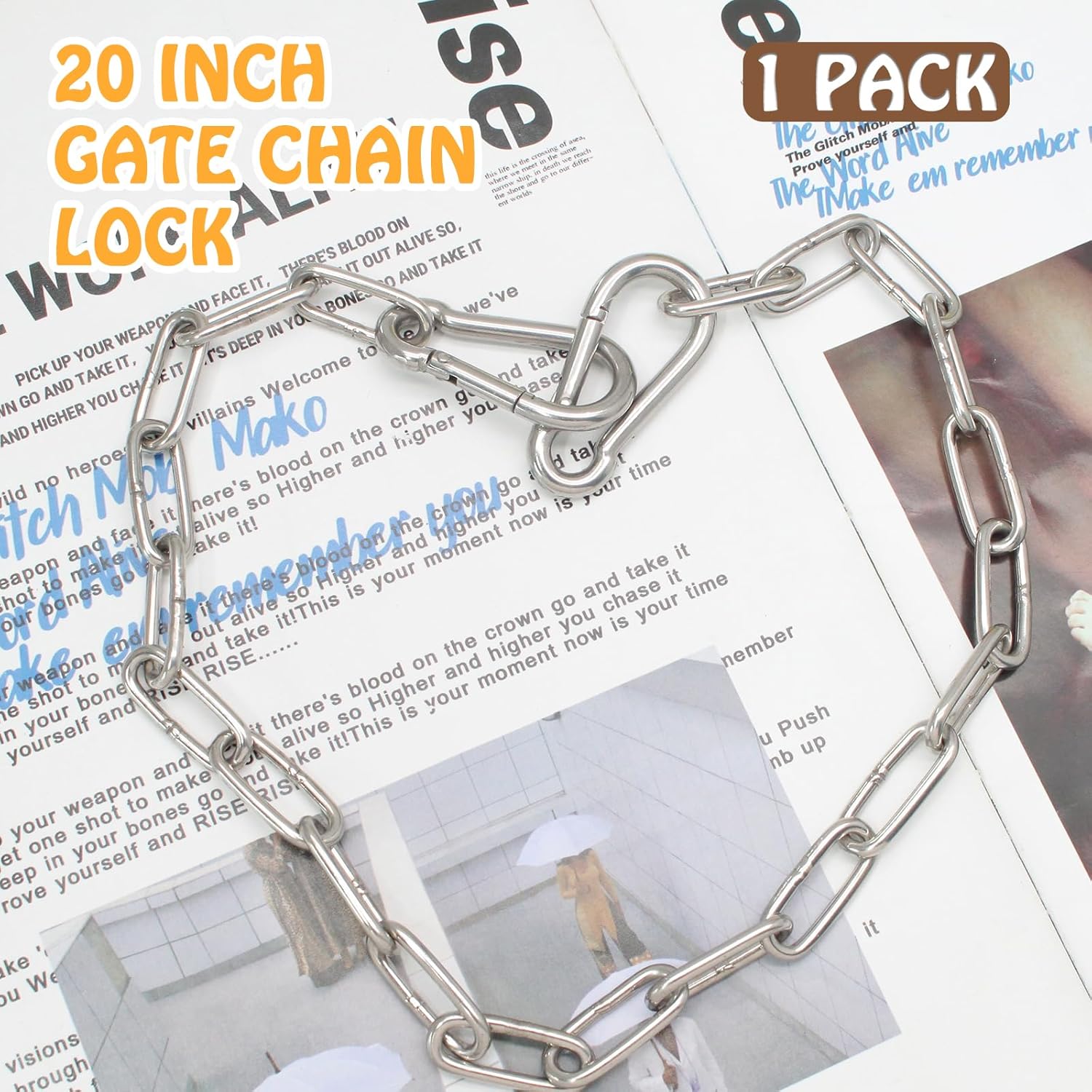 Biaungdo 20 Inch Gate Chain Lock, Chain Link Lock Fence Gate Latch with Carabiner, Stainless Steel Chain Link Gate Lock for Outdoor Fence, Livestock Gate, Yard - Image 2