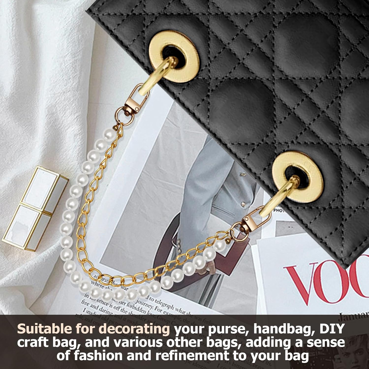 Biaungdo Pearl Purse Chain, Luxury Gold Handbag Straps Replacement, Pearl Bag Charm Chain Strap Short Purse Handles Clutches Handles for DIY Crafts Bags - Image 6