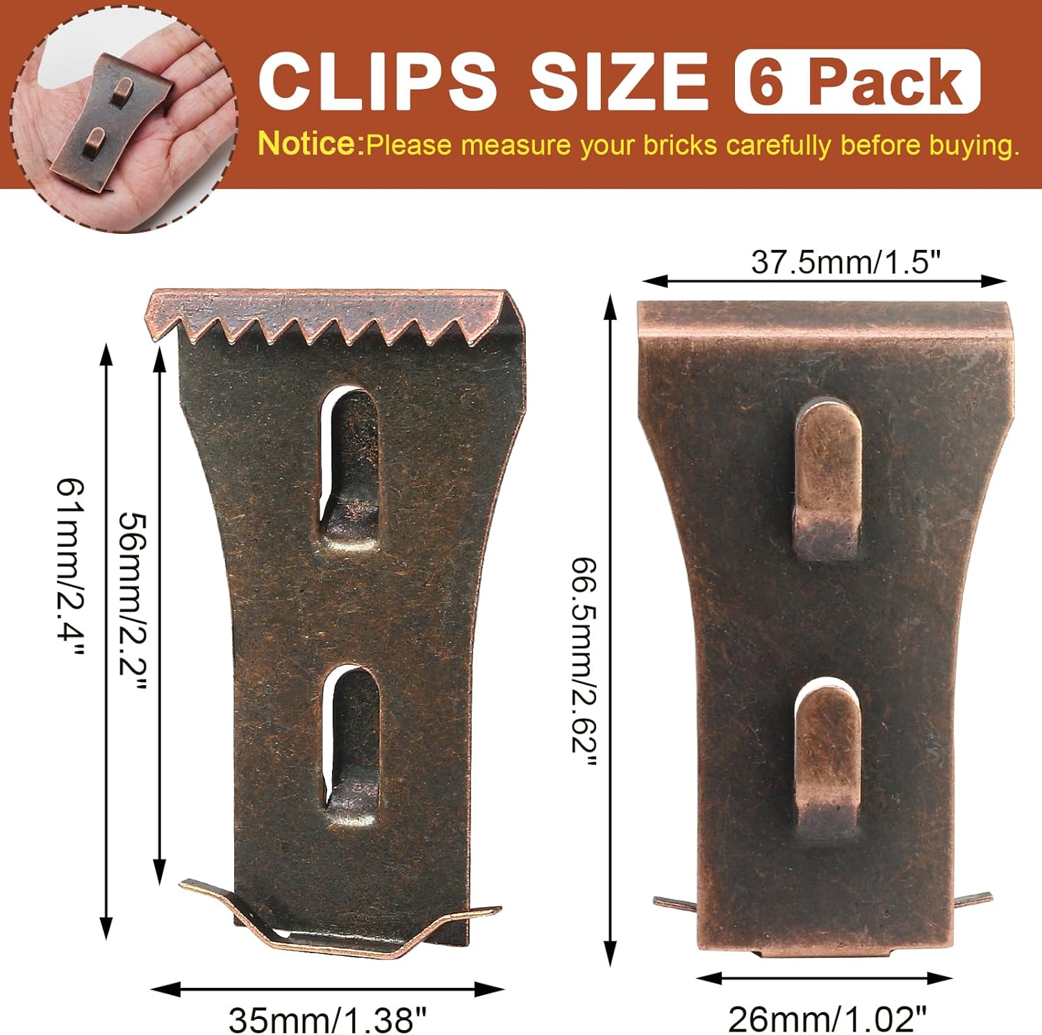 Biaungdo 6 Pcs Brick Wall Clips, Steel Brick Hook Clips, Heavy Duty Brick Hanger for Hanging Outdoors, Metal Brick Wall Hangers Outside Home Decor for 2-1/4 to 2-3/8 inches Bricks(Red Bronze) - Image 3