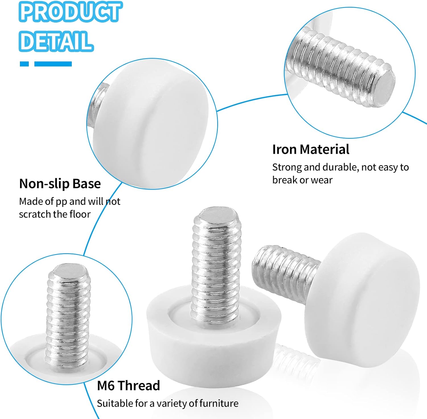 Biaungdo 24 Pcs Adjustable Furniture Levelers, M6x15 mm Ajustable Leveling Feet Screw On Furniture Glide Foot Levelers for Table, Chair, Cabinet, Furniture Legs, White - Image 3