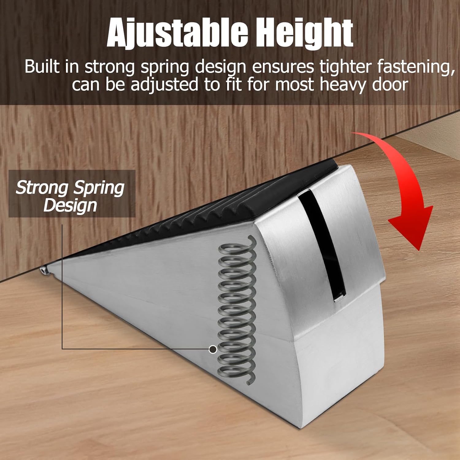Biaungdo 1 Pack Heavy Duty Door Stopper, Up to 3 Inch Tall Adjustable Spring Loaded Large Door Stopper Wedge Stoppers Stainless Steel Doorstop for Bottom of Door(Brushed Nickel) - Image 3