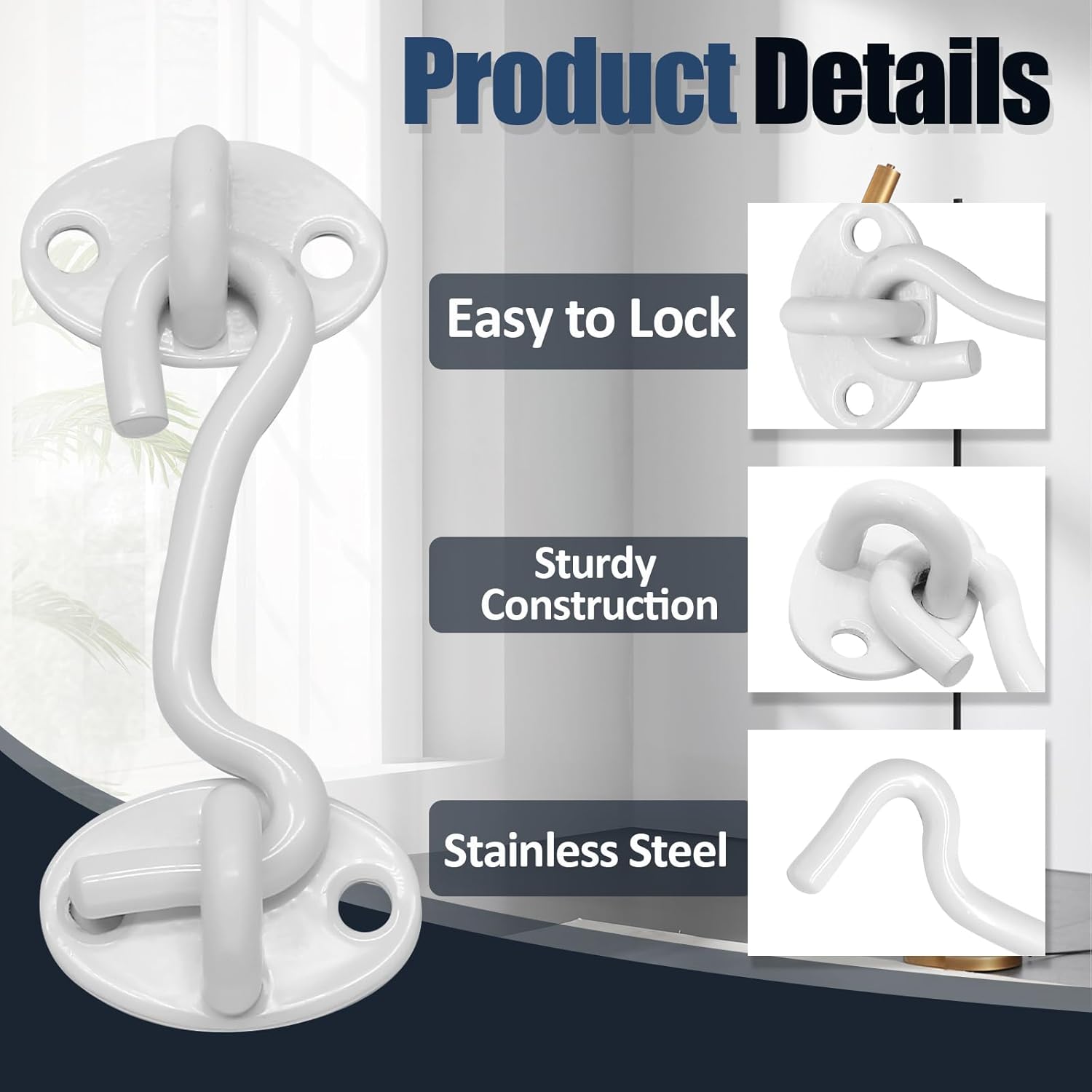 Biaungdo Heavy Duty Hook and Eye Latch, 3 Inch White Privacy Hook Barn Door Lock Easy Lock, Stainless Steel Gate Latch for Doors/Windows/Sheds/Gates/Fences/Closets/Cabinets, 1 Pack - Image 2
