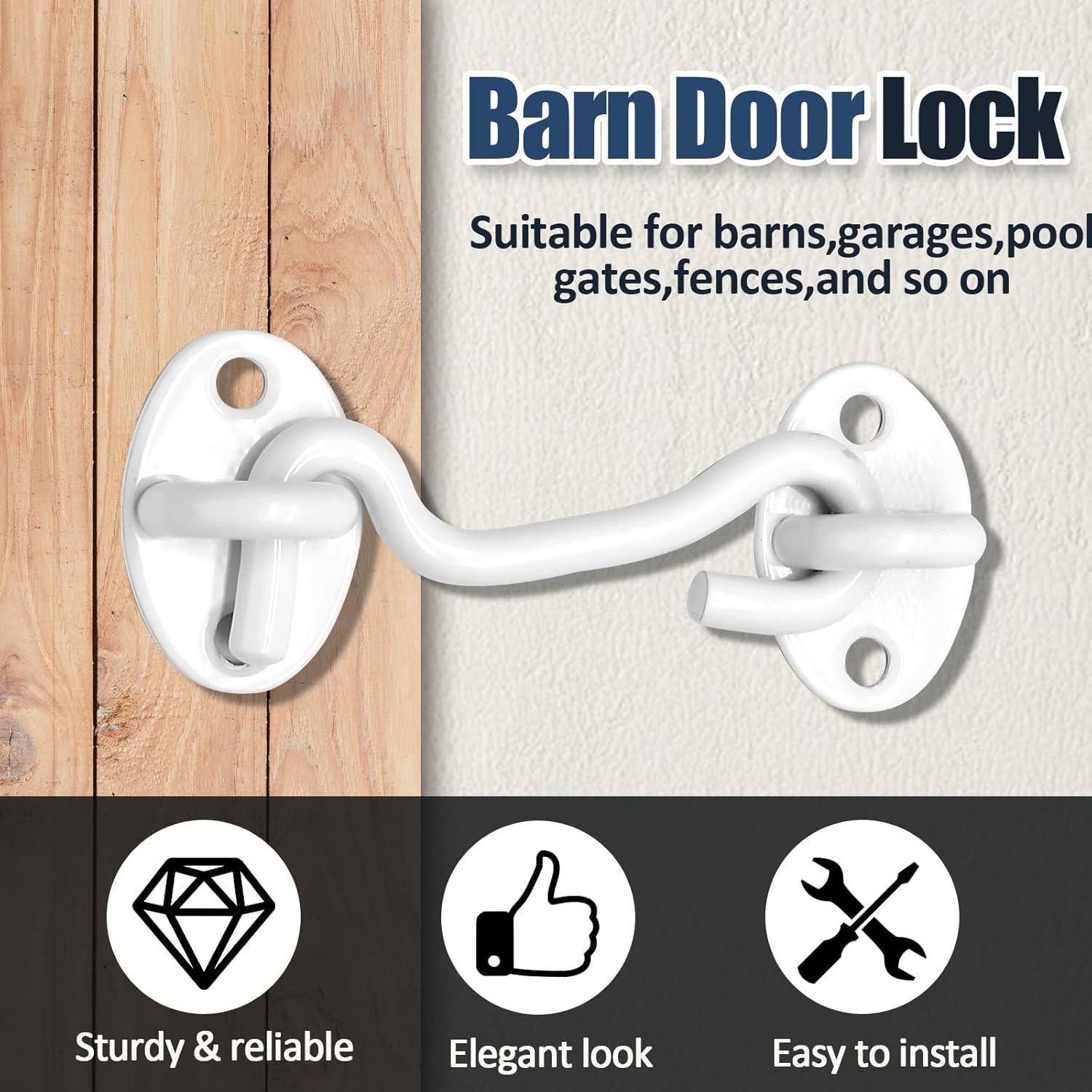 Biaungdo Heavy Duty Hook and Eye Latch, 3 Inch White Privacy Hook Barn Door Lock Easy Lock, Stainless Steel Gate Latch for Doors/Windows/Sheds/Gates/Fences/Closets/Cabinets, 1 Pack - Image 3