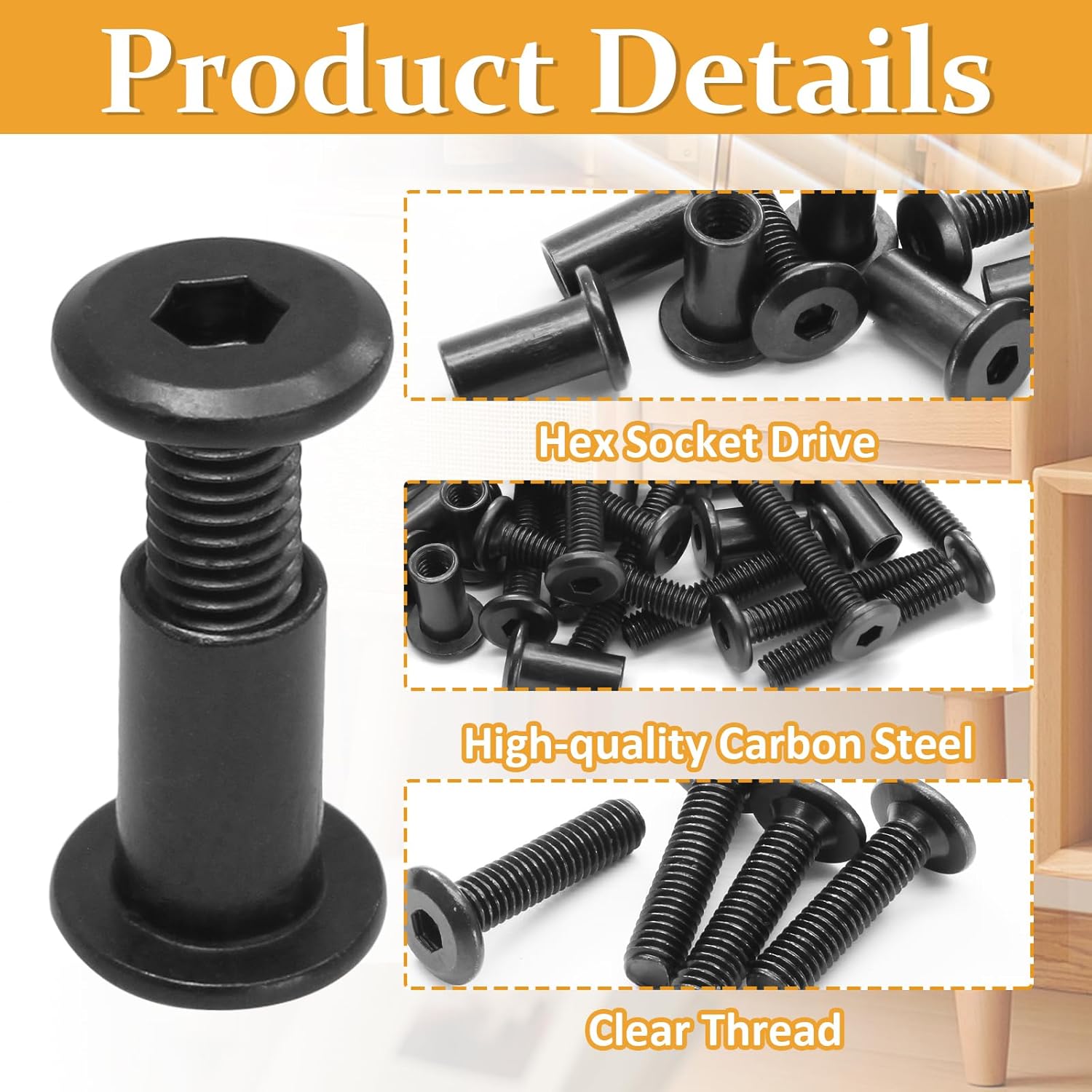 Biaungdo 15 Sets M6x16mm Hex Drive Socket Cap Bolt, Black Furniture Joint Connector Bolts Cap Nuts M6 Binding Post Countersunk Screw Barrel Nuts Assortment Kit with Allen Wrench for Furniture, Belt - Image 2