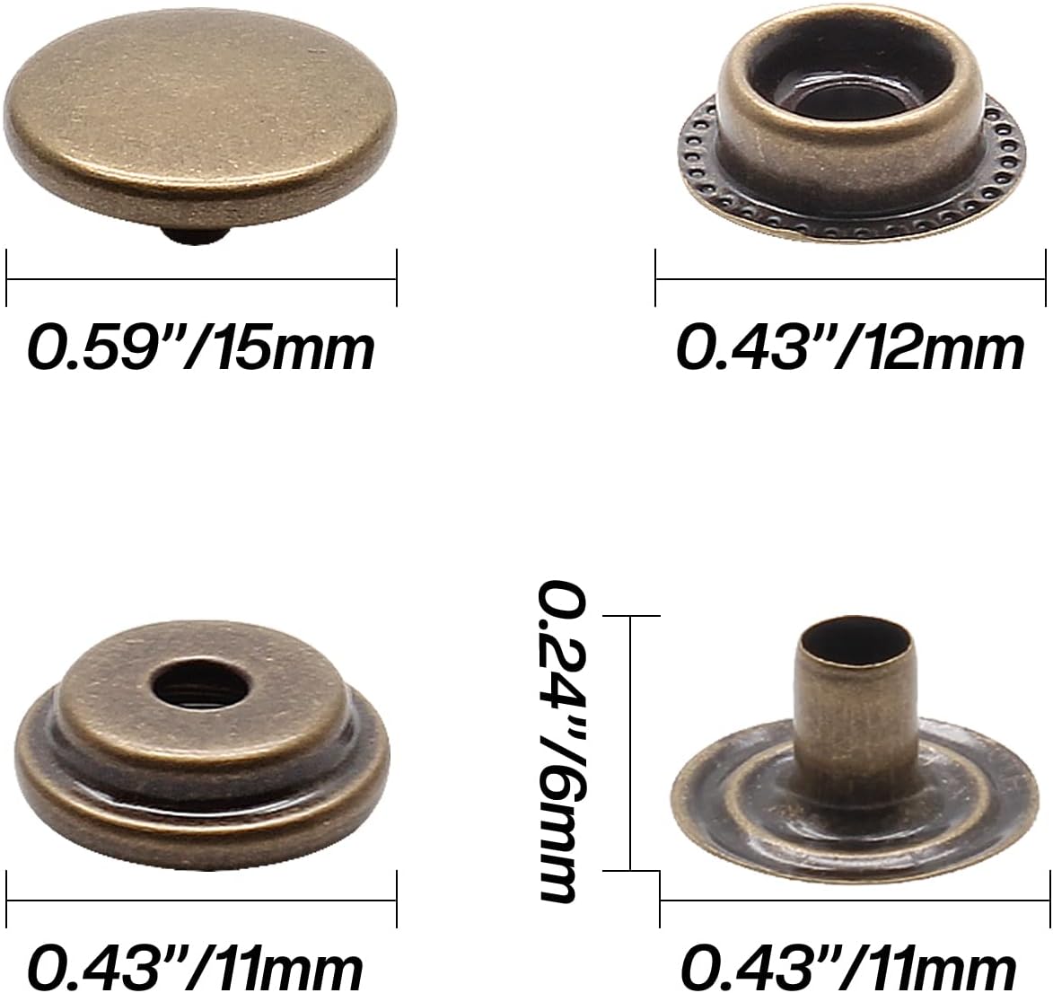 Biaungdo 200pc 15mm Heavy Duty Snap Fasteners Kit, Metal Leather Snap Button Press Stud Cap for Canvas, Marine, Boat, Bronzer (4 Components, 50pc Each) - Image 2