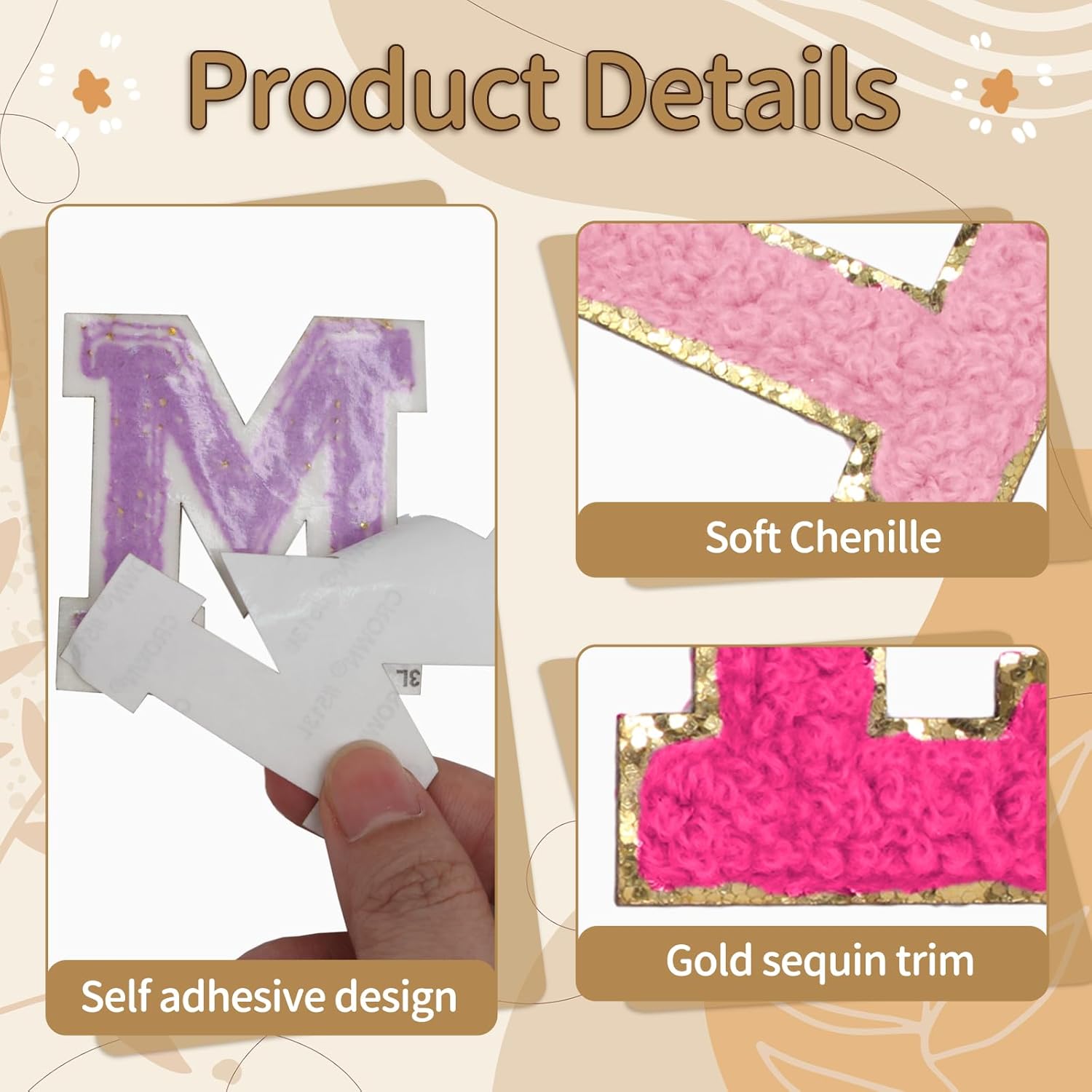 Biaungdo Self Adhesive Chenille Letter Patches, 6 Pcs 2 Inch Varsity Letter Patches Iron on Letter Patches Chenille Patch Large Letter Stickers for Clothes Hats DIY Supplies(Mixed Color, M) - Image 2