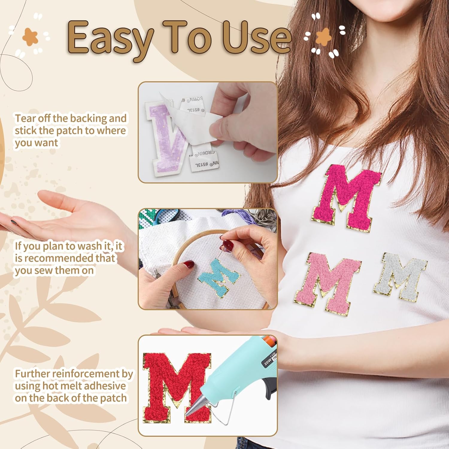Biaungdo Self Adhesive Chenille Letter Patches, 6 Pcs 2 Inch Varsity Letter Patches Iron on Letter Patches Chenille Patch Large Letter Stickers for Clothes Hats DIY Supplies(Mixed Color, M) - Image 3