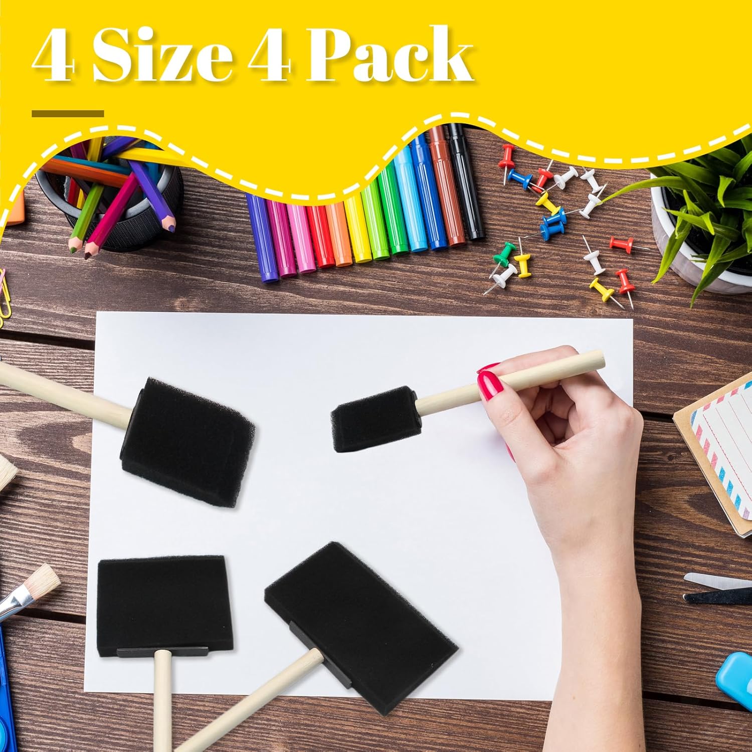 Biaungdo 4 Pcs 4 Sizes Foam Paint Brushes, Foam Sponge Brush for Painting, Sponge Paint Brushes with Wood Handle for Varnishes, Staining, DIY Crafting - Image 3