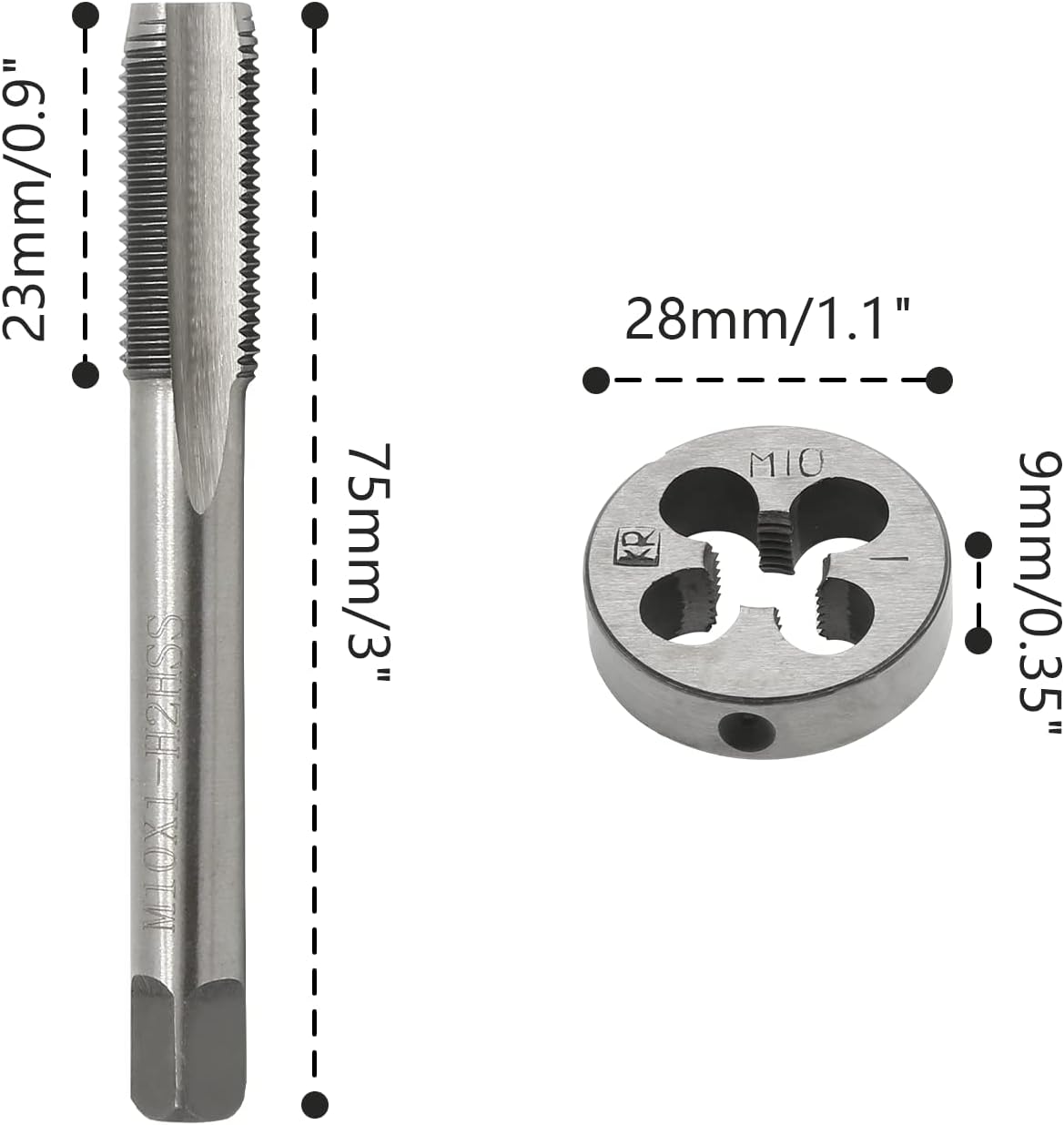Biaungdo M10 x 1mm Tap and M10 x 1mm Die Metric Right Hand Thread, HSS Right Hand Thread Tap and Die Set - Image 2