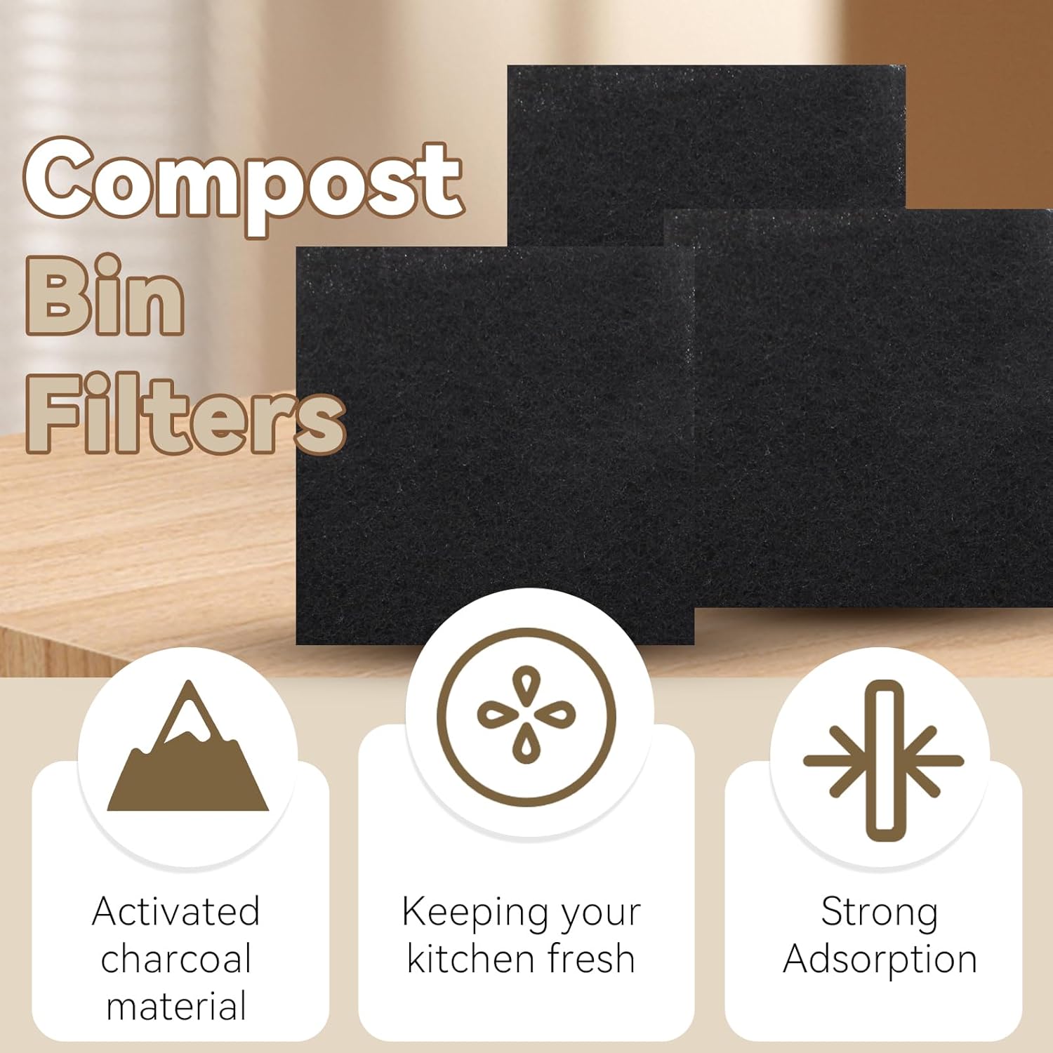 Biaungdo 6 Pack 5 Inch Sqaure Charcoal Filter Replacements, Black Kitchen Compost Bin Filters for Countertop Square Carbon Filter Bin Pail Replacement - Image 2