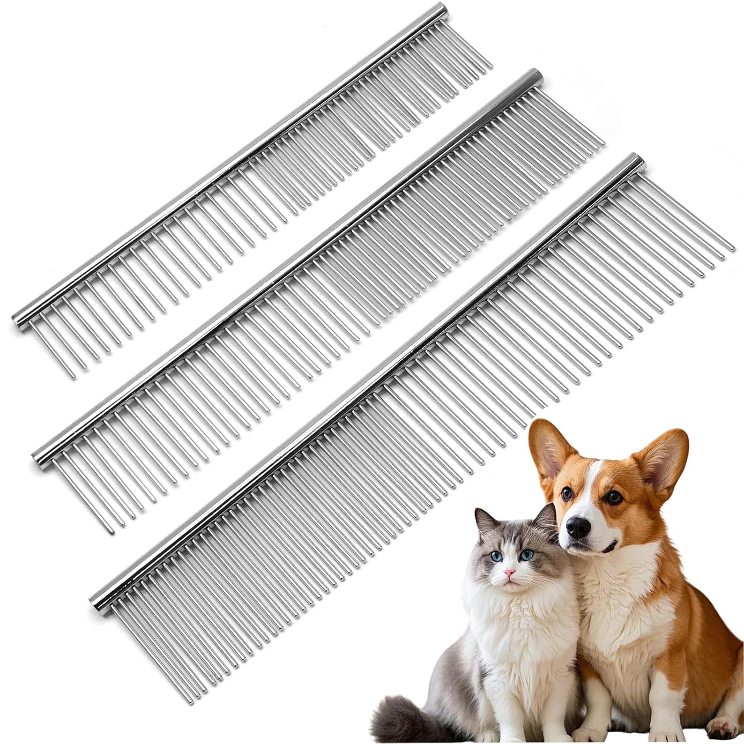 Biaungdo 3 Pcs Dog Grooming Combs Set, Metal Dog Comb for Removing Tangles and Knot, Cat Brush Grooming Tool for Long Haired Pets(7.48 x 1.65 inch & 7.4 x 1.3 inch & 6.5 x 1.14 inch) - Image 1