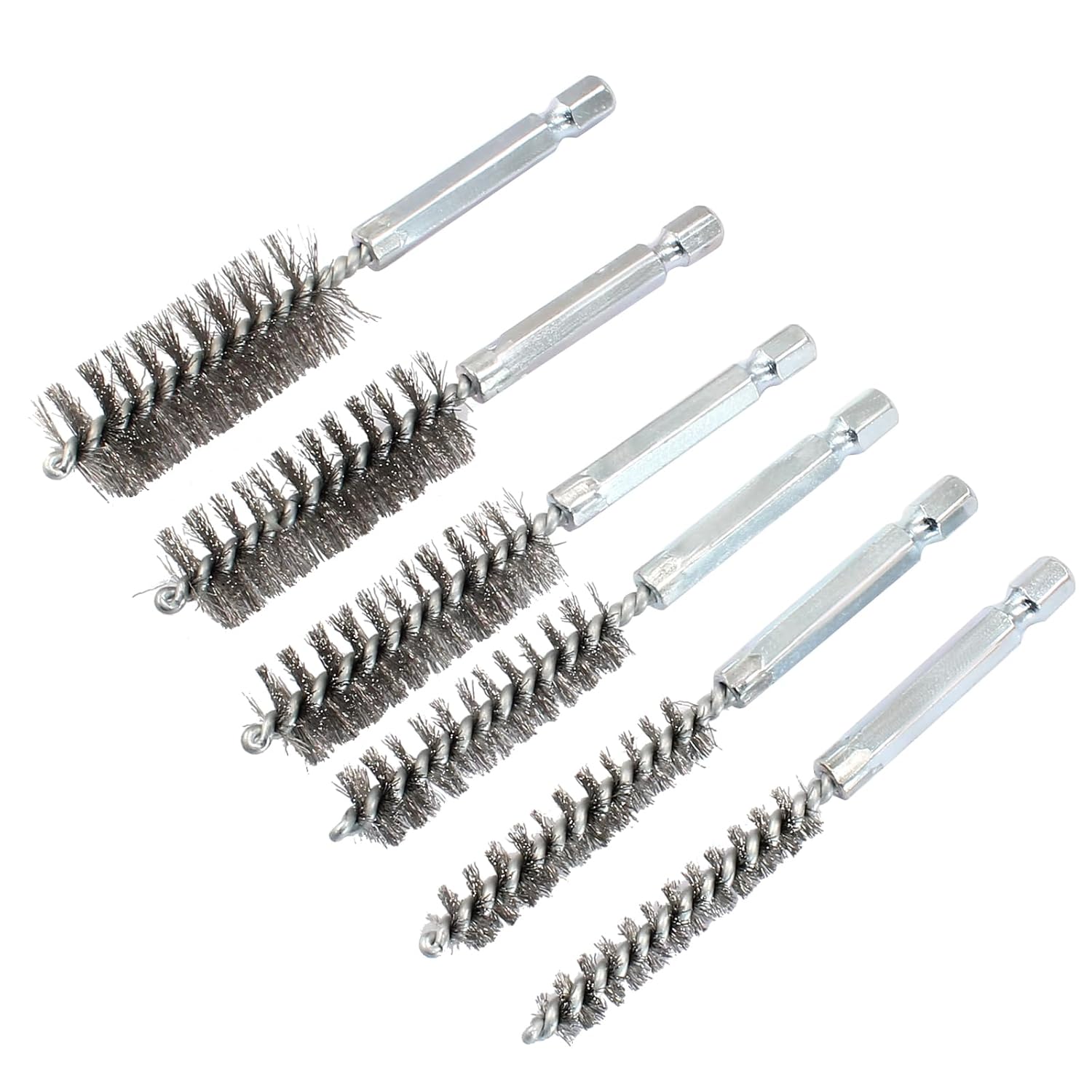 Biaungdo 6 Pcs Stainless Steel Bore Brush, Twisted Wire Drill Brush Metal Bristles Wire Brush Bore Cleaning Brush with Hex Shank Handle for Power Drill Plumbing Tools(8/10/12/15/17/19mm) - Image 1