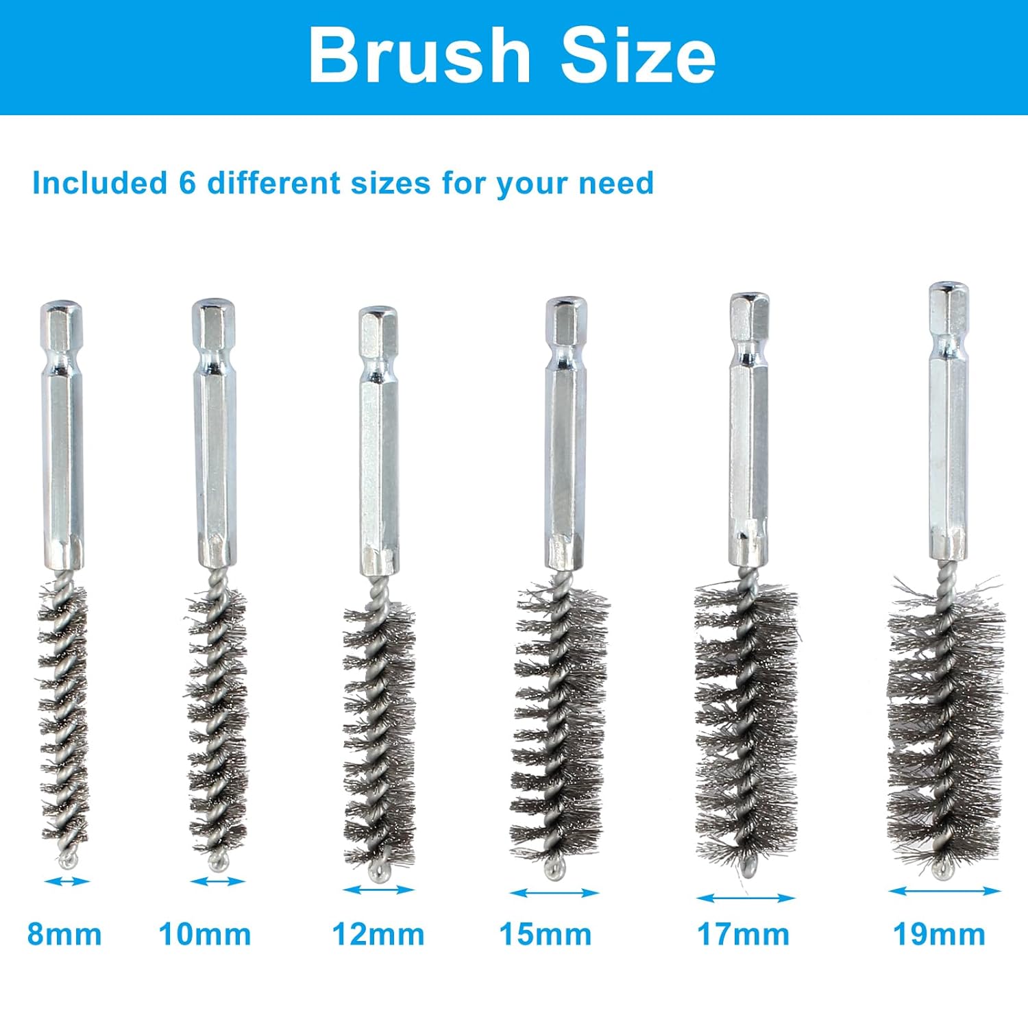 Biaungdo 6 Pcs Stainless Steel Bore Brush, Twisted Wire Drill Brush Metal Bristles Wire Brush Bore Cleaning Brush with Hex Shank Handle for Power Drill Plumbing Tools(8/10/12/15/17/19mm) - Image 2