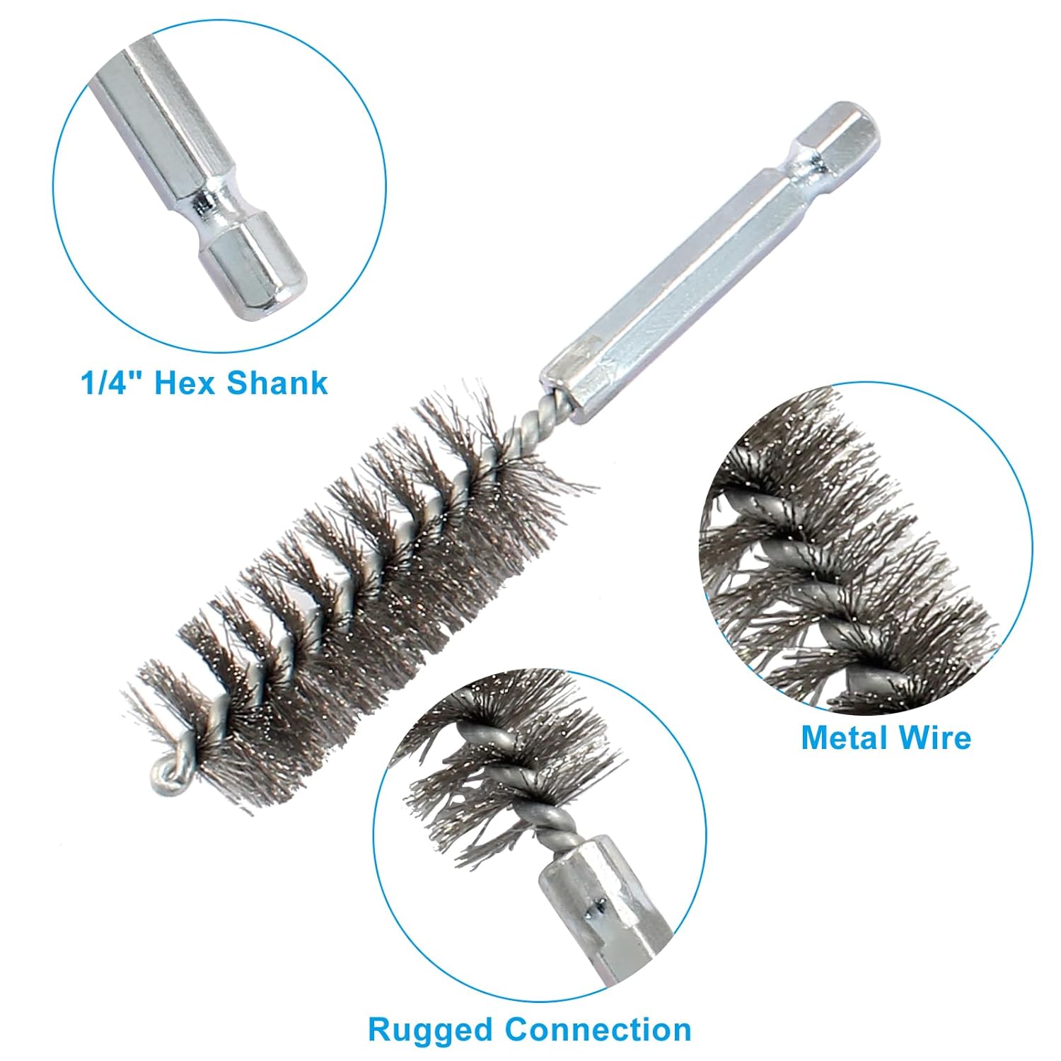 Biaungdo 6 Pcs Stainless Steel Bore Brush, Twisted Wire Drill Brush Metal Bristles Wire Brush Bore Cleaning Brush with Hex Shank Handle for Power Drill Plumbing Tools(8/10/12/15/17/19mm) - Image 3