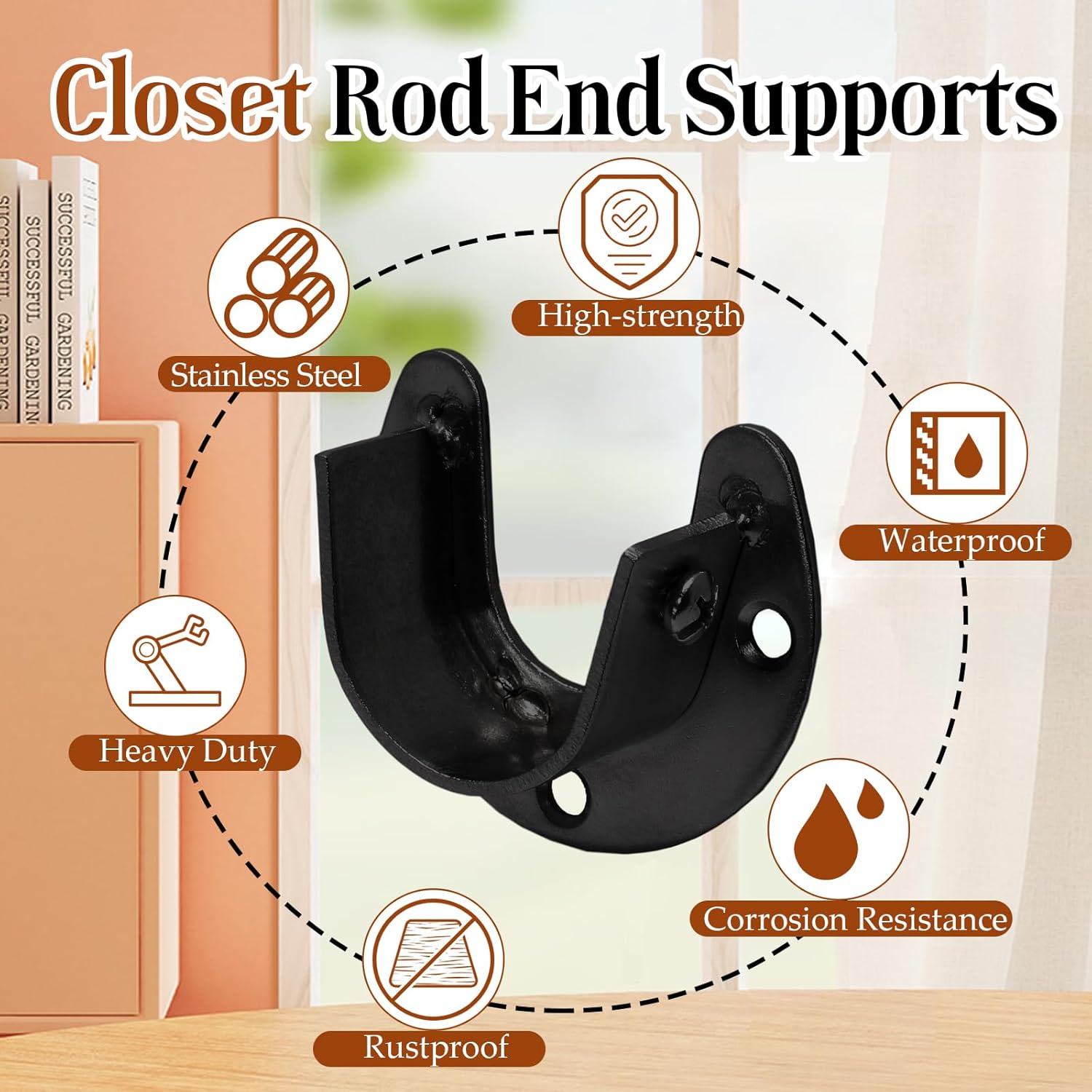Biaungdo 1-1/4 Inch Stainless Steel Closet Rod End Supports, 4 Pcs Black Heavy Duty Wardrobe Rod Brackets Closet Pole Sockets Flange Rod Holder, U-Shaped - Image 3