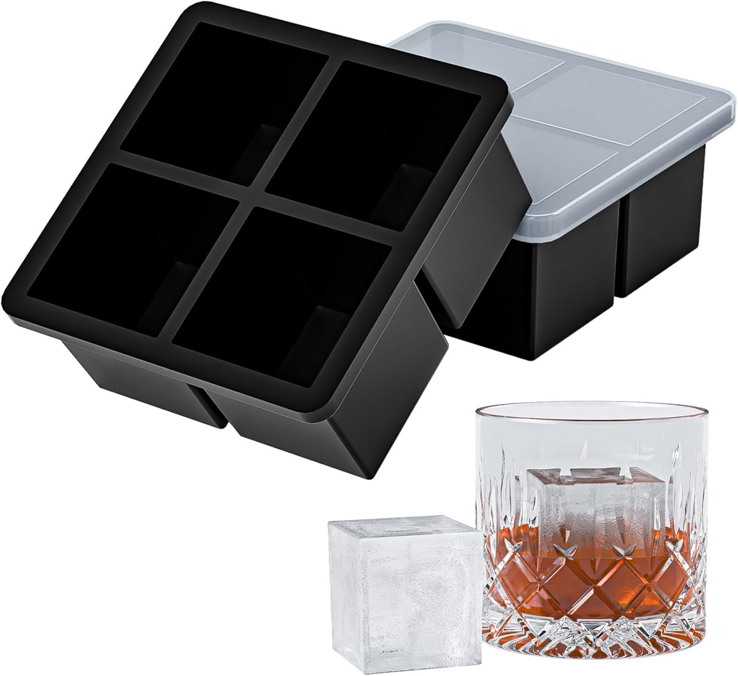 Bangp Large Ice Cube Tray for Whiskey,Silicone Ice Cube Trays 2 Pack,Large Ice Cube Molds with Leak Proof Removable Lid,Square Ice Cube Tray for Whiskey and Cocktail - Image 1