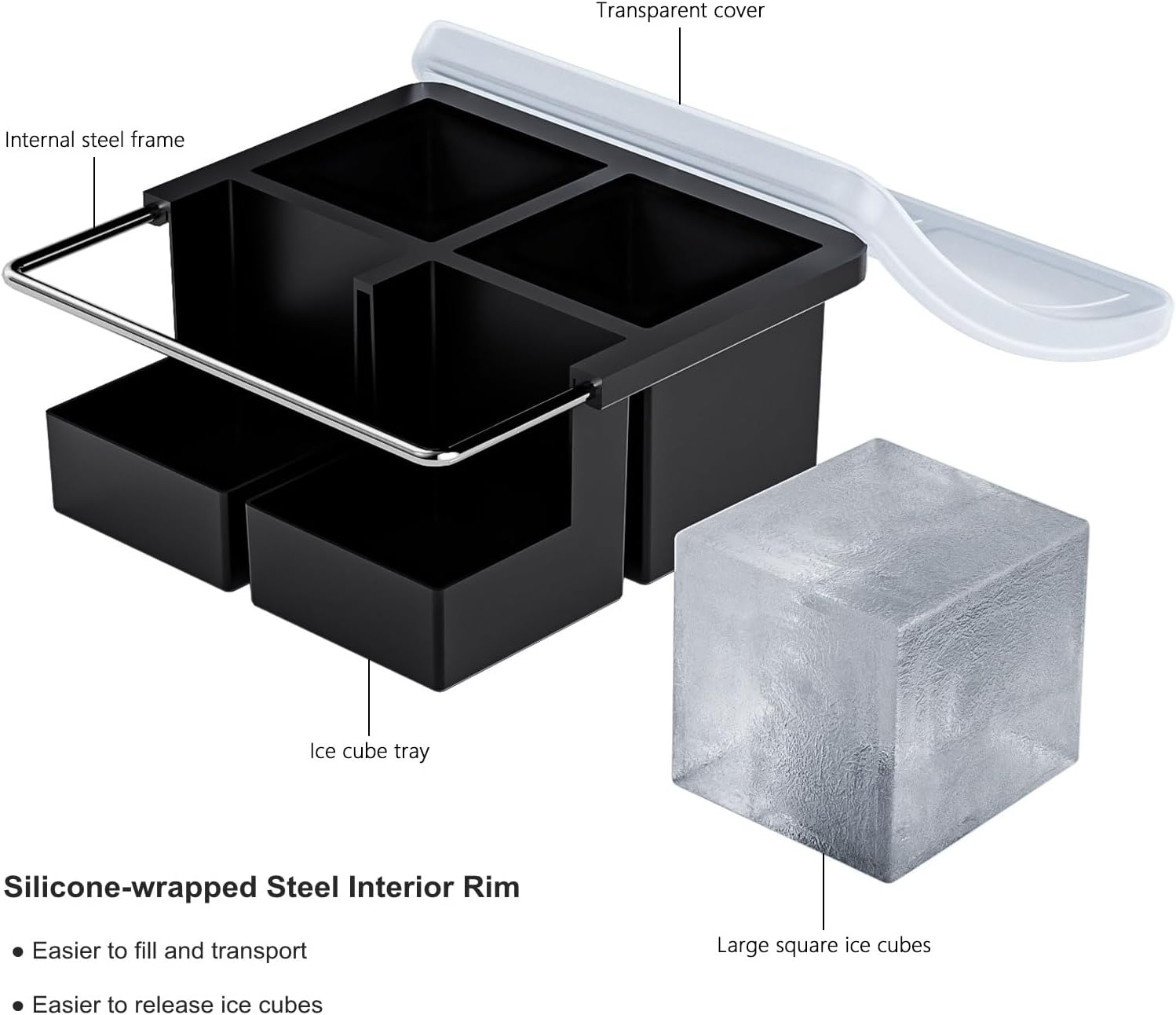 Bangp Large Ice Cube Tray for Whiskey,Silicone Ice Cube Trays 2 Pack,Large Ice Cube Molds with Leak Proof Removable Lid,Square Ice Cube Tray for Whiskey and Cocktail - Image 2