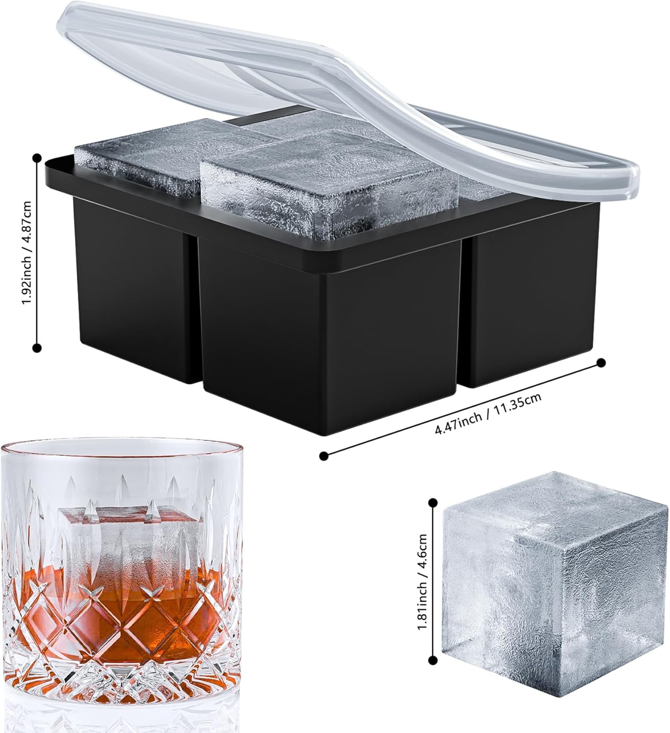 Bangp Large Ice Cube Tray for Whiskey,Silicone Ice Cube Trays 2 Pack,Large Ice Cube Molds with Leak Proof Removable Lid,Square Ice Cube Tray for Whiskey and Cocktail - Image 3