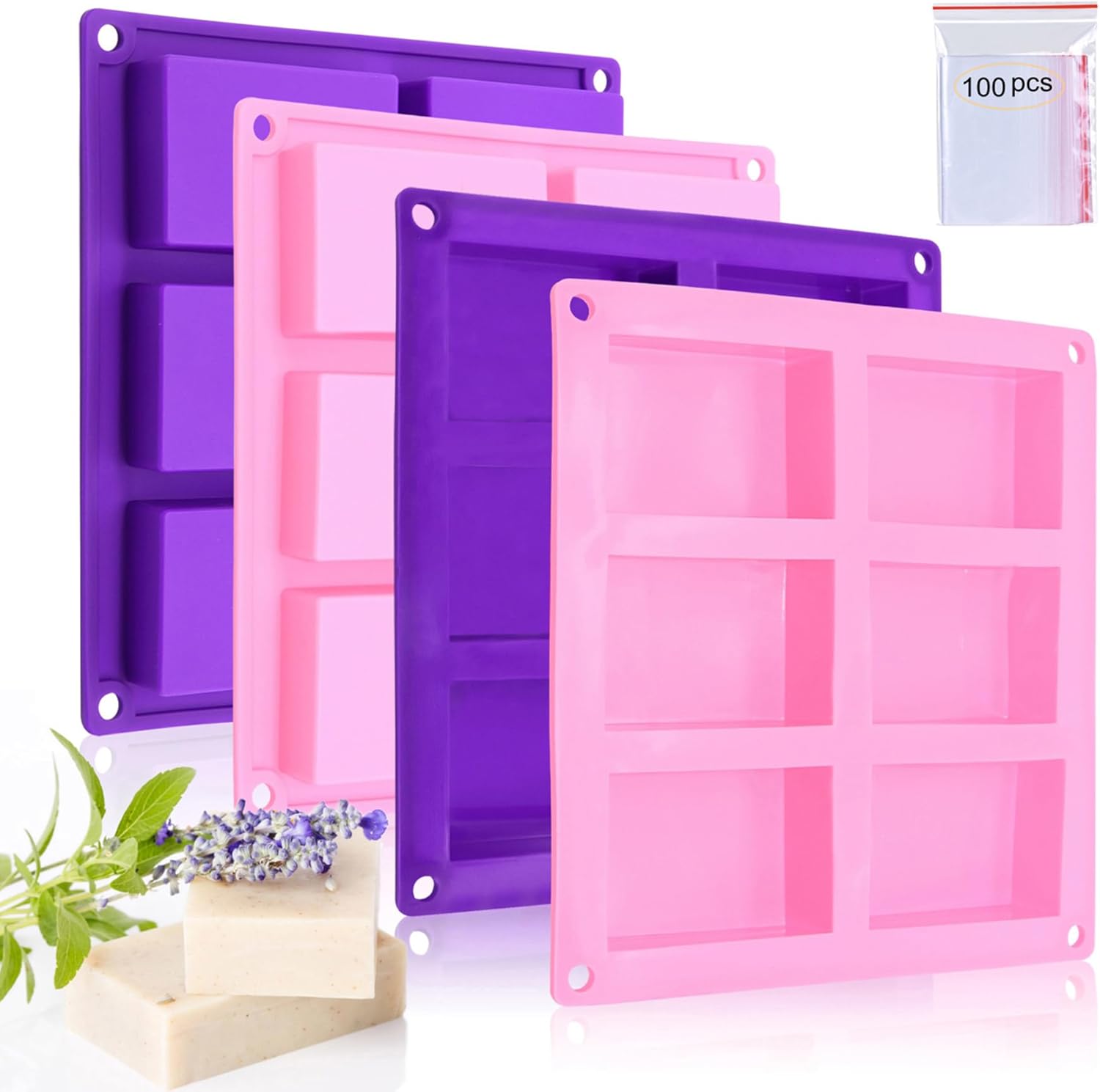 Bangp 4 Pack Silicone Soap Molds,Rectangle Soap Mold,6 Cavities Silicone Molds for Craft Soap Making,Chocolate, Cake Molds,with 100pcs 3.5x5 inches Bags - Image 1