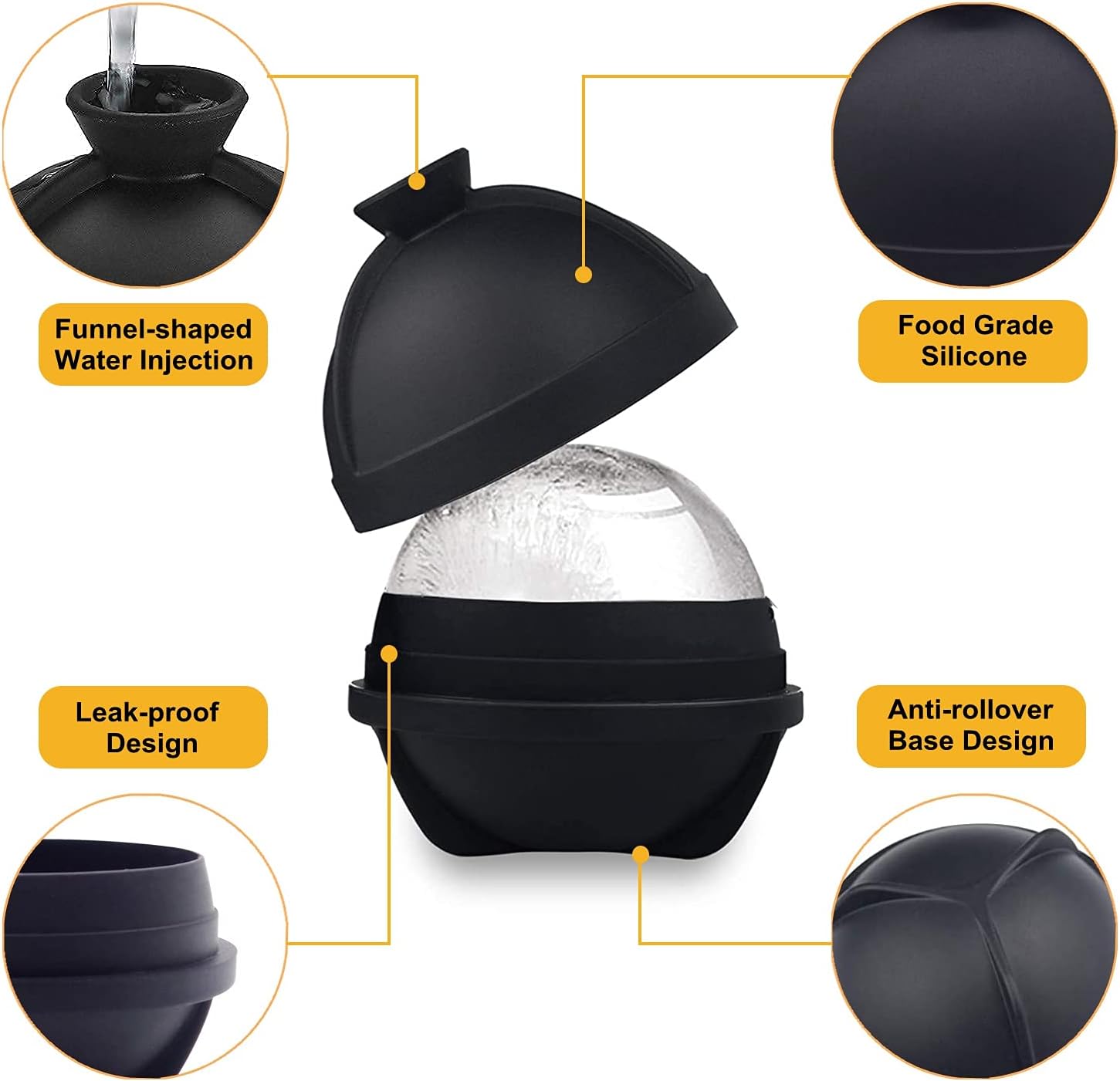 Ice Ball Molds Set of 4,Whiskey Ice Ball Maker Mold,Silicone Sphere Ice Molds with Built-in Funnel,Large Round Ice Cube Molds Make 2.5 Inch Sphere Ice for Whiskey & Cocktails - Image 4