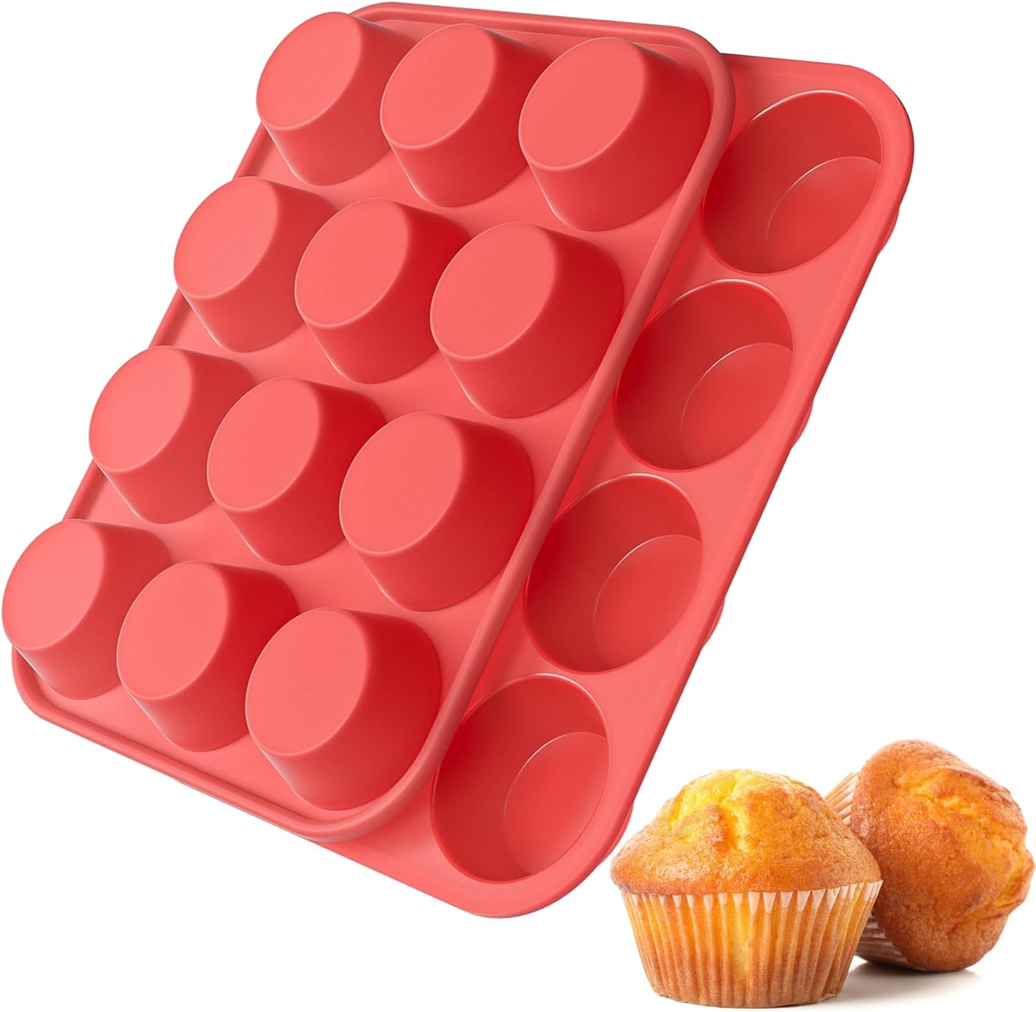 2Pack Silicone Muffin Pans with Metal Reinforced Frame,12 Cup Regular Size Silicone Cupcake Pan,Muffin Tin,Nonstick Cupcake Baking Molds for Muffins,Cupcakes,Egg Bites,BPA Free (2Pack Red) - Image 1