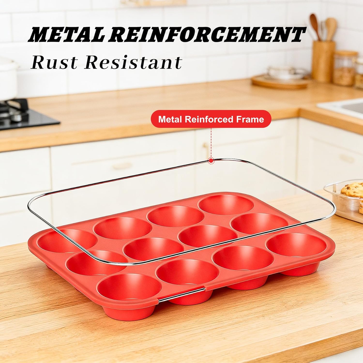 2Pack Silicone Muffin Pans with Metal Reinforced Frame,12 Cup Regular Size Silicone Cupcake Pan,Muffin Tin,Nonstick Cupcake Baking Molds for Muffins,Cupcakes,Egg Bites,BPA Free (2Pack Red) - Image 2