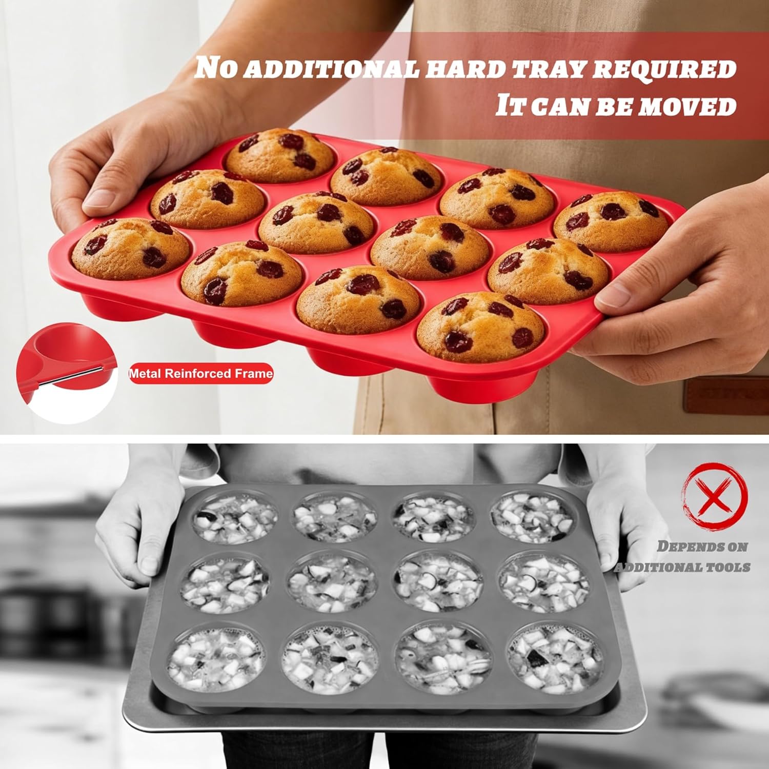 2Pack Silicone Muffin Pans with Metal Reinforced Frame,12 Cup Regular Size Silicone Cupcake Pan,Muffin Tin,Nonstick Cupcake Baking Molds for Muffins,Cupcakes,Egg Bites,BPA Free (2Pack Red) - Image 4