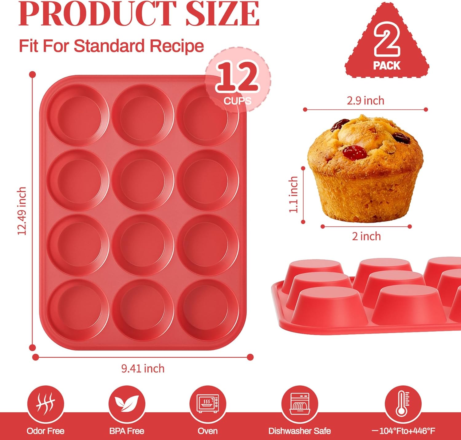 2Pack Silicone Muffin Pans with Metal Reinforced Frame,12 Cup Regular Size Silicone Cupcake Pan,Muffin Tin,Nonstick Cupcake Baking Molds for Muffins,Cupcakes,Egg Bites,BPA Free (2Pack Red) - Image 6
