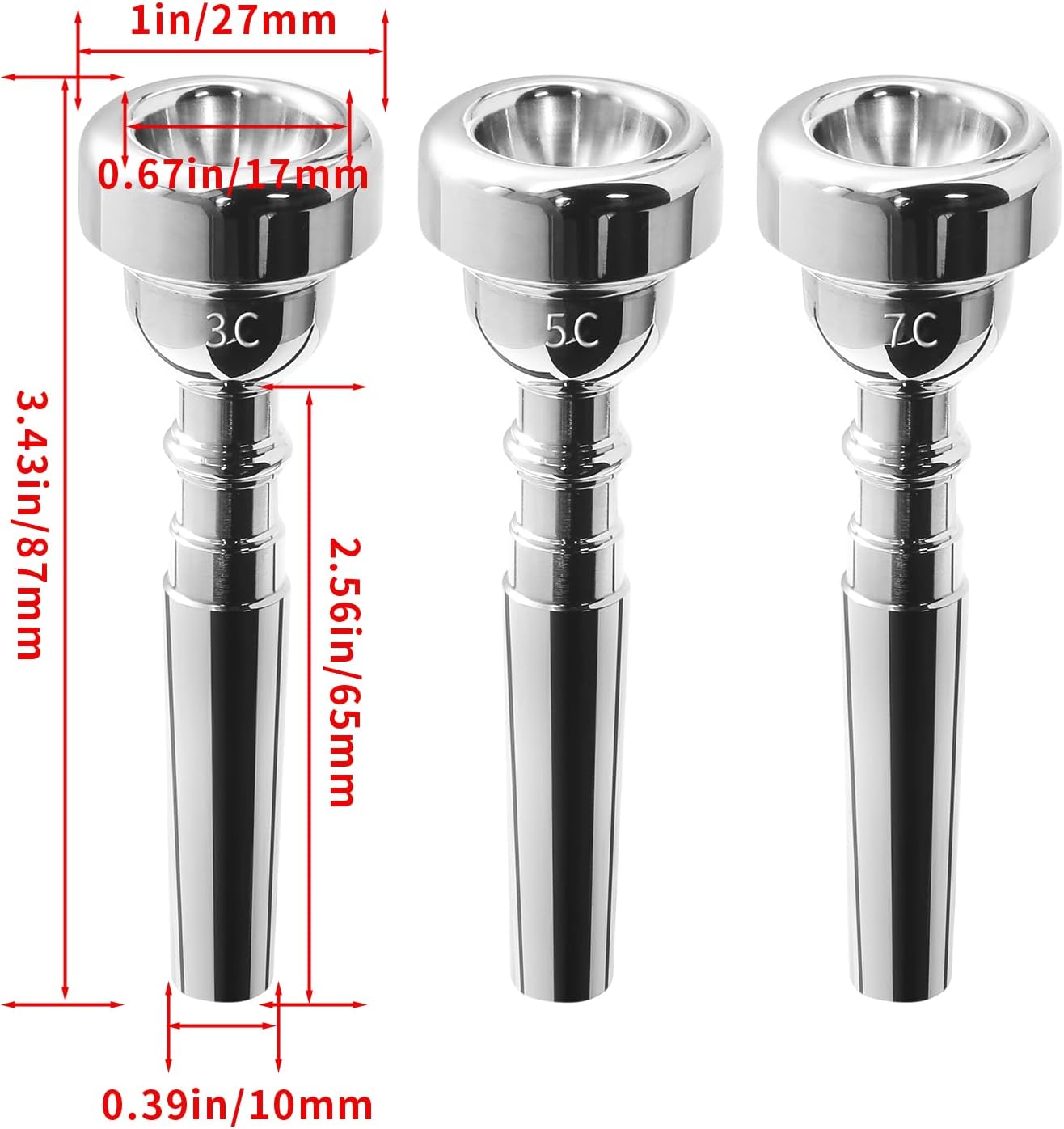 Biaungdo Trumpet Mouthpiece 7C 5C 3C, 3 Pcs Brass Material Silver Plated Trumpet Mouthpiece Set for Professional Players, Beginner - Image 2