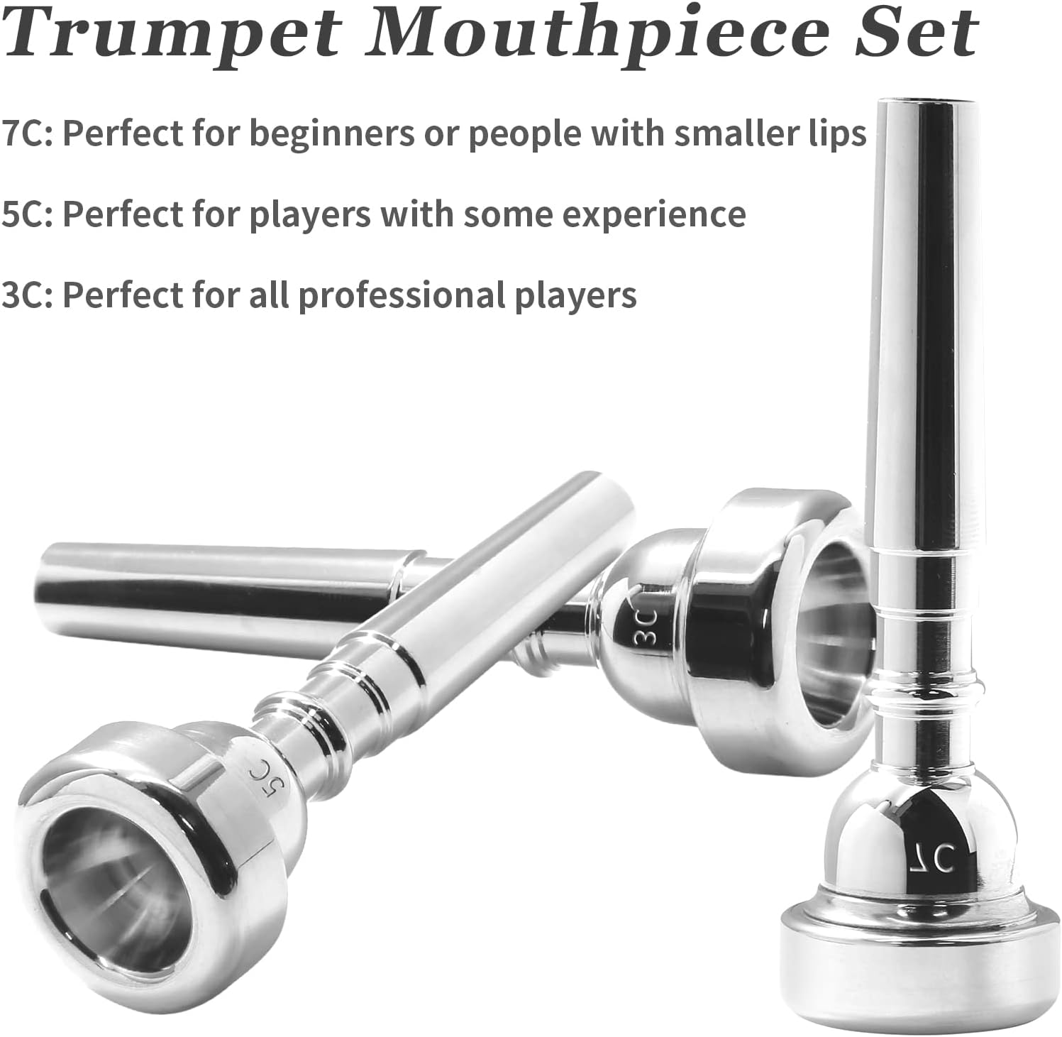 Biaungdo Trumpet Mouthpiece 7C 5C 3C, 3 Pcs Brass Material Silver Plated Trumpet Mouthpiece Set for Professional Players, Beginner - Image 4