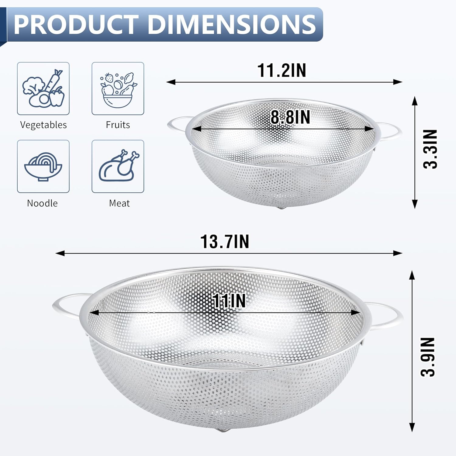 Colander Stainless Steel 3-Quart, Metal Strainer with Base, Strainer for Kitchen Food, Dishwasher Safe - Image 2